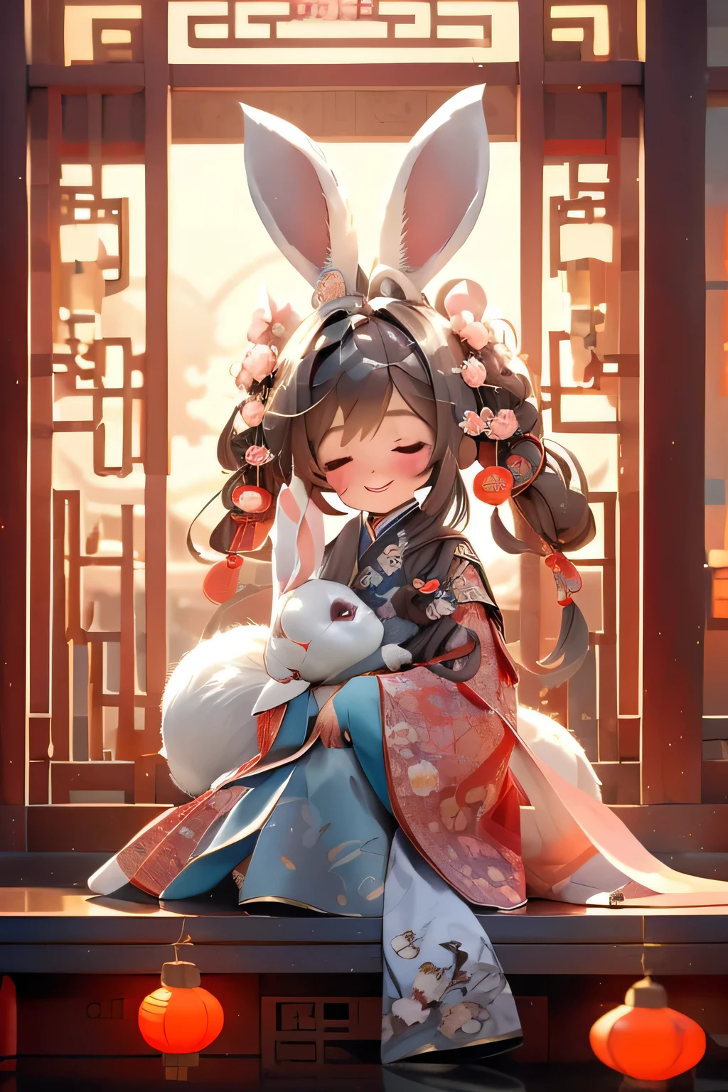 masterpiece,best quality, 1girl·Chibi, rabbit, hanfu, sitting, Chinese style room, window, lantern, 