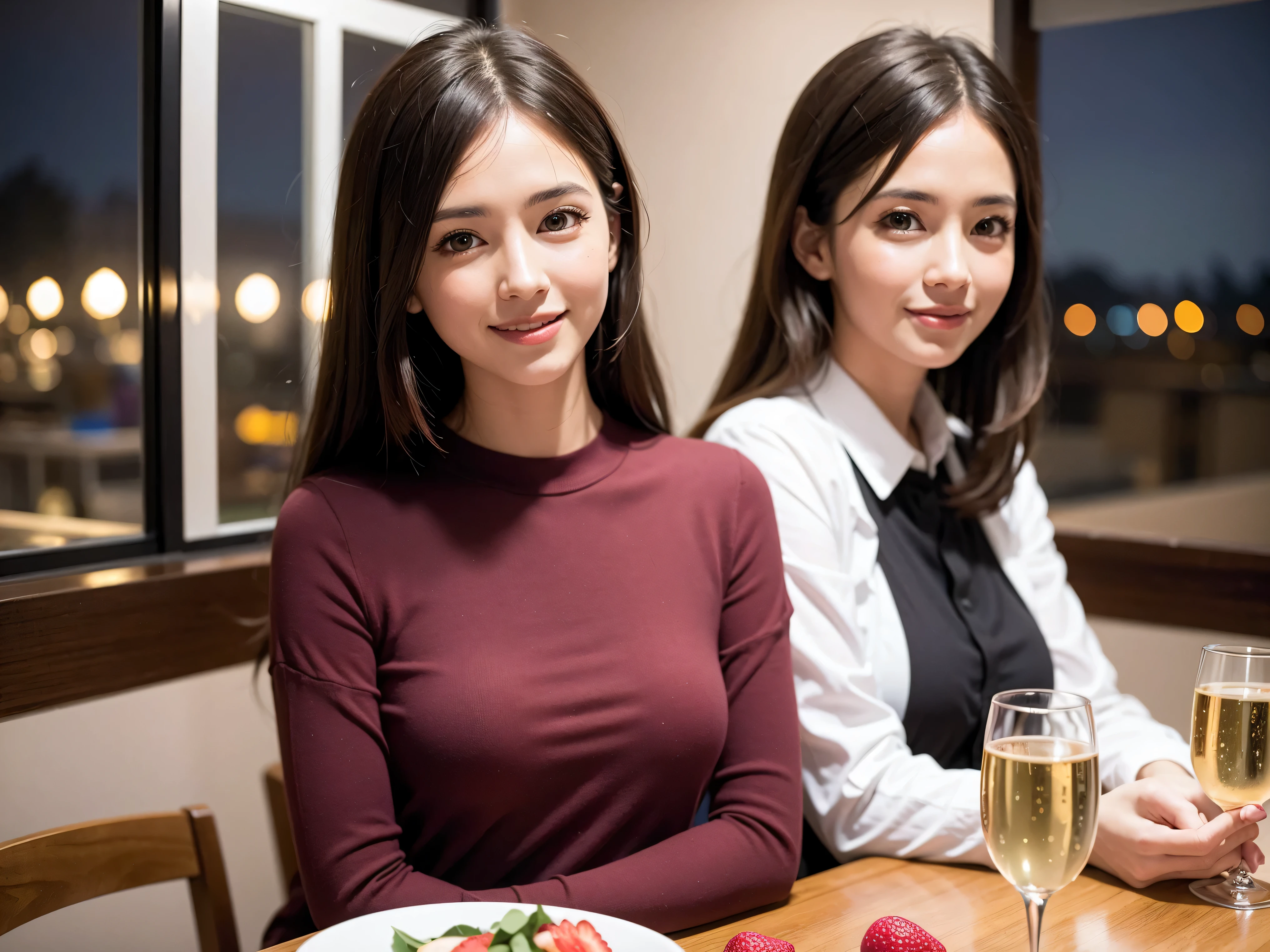 64k, UHD, highest quality, masterpiece: 1.2), (realistic, photorealistic: 1.37), Super detailed, slimな美女3名, (slimフェイス),Happy、 最高なsmile、Fox Face、Berry Short、(because I&#39;thin), (brown hair), (shortcut), long sleeve shirt、winter fashion、Colombia、Brazilian、Japanese、Dutch、German、Portuguese、Belgian、Italian、french,champagne、Sparkling wine、 (gushing), (slimボティ), (brown hair), (shortcut), Neat beauty、cheeks blush a little, (35 years old), 38 years old, alone, A beautiful and detailed night view spreads out outside the window....., restaurant, wine glassが座っている, At night, in a prominent place (from the Upper body) nova frog style, actress, model, Upper body, White wine, slim, wine glass, Very beautiful night view, wine glass Put in the Middle, Happy smile, (smile: 1.15), 