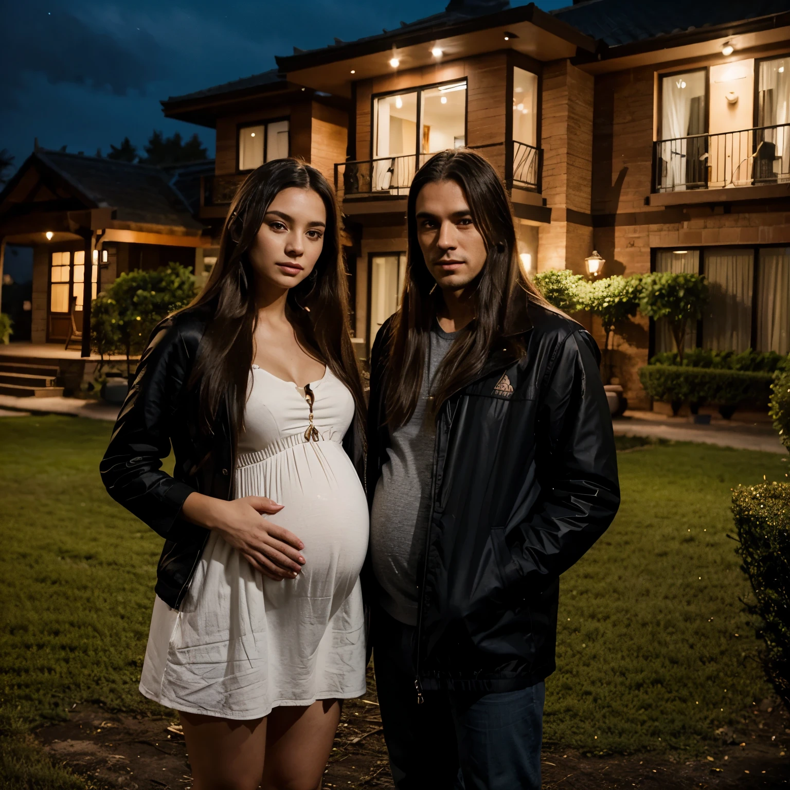 a beautiful woman with long hair wearing a dress is pregnant. standing next to the man wearing the jacket. night atmosphere in front of the house