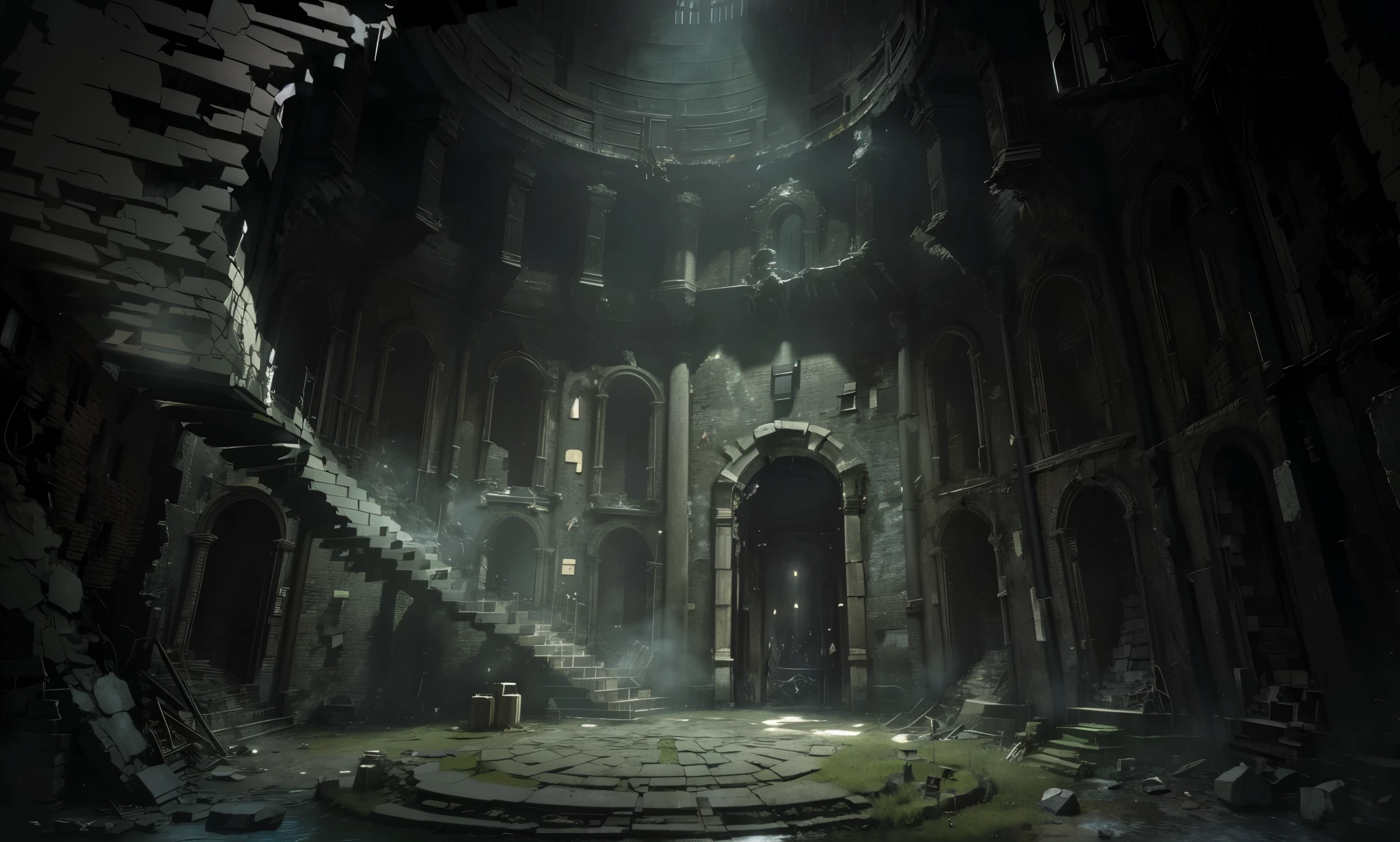Fantasy RPG urban style, close up angle,Large viewing angle,panoramic,Fisheye lens,Look up,巨interior of tower,cylindrical形室内,cylindrical,(curved wall:1.4),Colosseum-like walls,Ancient Roman architecture,墙上有spiral staircase和Plank,破碎的Plank,broken spiral staircase,interior of tower,cylindrical形建筑,Dark style,Horror atmosphere,lifeless,Dark magic,broad perspective,panoramic图,Forest at night,ruins-like building,spiral staircase,(spiral stairs:1.2),Long stairs,Plank,Broken bridges,,Observatory-like building,Remains of civilization,,Midnight,In the dark,dim lights,black sky,Mysterious continent,Many remains of medieval civilian residences,Dark style,Dark magic森林,(巨大的Dark magic从西方发芽:1.2), (The air is filled with black necromancy.:1.2), fire, Ice and thunder, dungeons and dragons, final fantasy, game art, (Coherent architecture and interior design, Has realistic proportions and textures, intricate details, Hand Painted, energetic, Cinema lighting, masterpiece, 8k:1.2),world map,In the middle of the map is the Holy City (best quality, 4K, high resolution, masterpiece:1.2), Super detailed, actual:1.37 illustrations, Aged canvas texture, colorful, dramatic lighting cobblestone streets with overgrown flora, rundown buildings,with crumbling walls,Broken windows (Majestic castle:1.1) Various clothing and weapons smoke rising from ruined buildings, implies the most recent and (battle damaged:0.9) Stone wall and scattered debris, depicts the aftermath of a fierce battle,