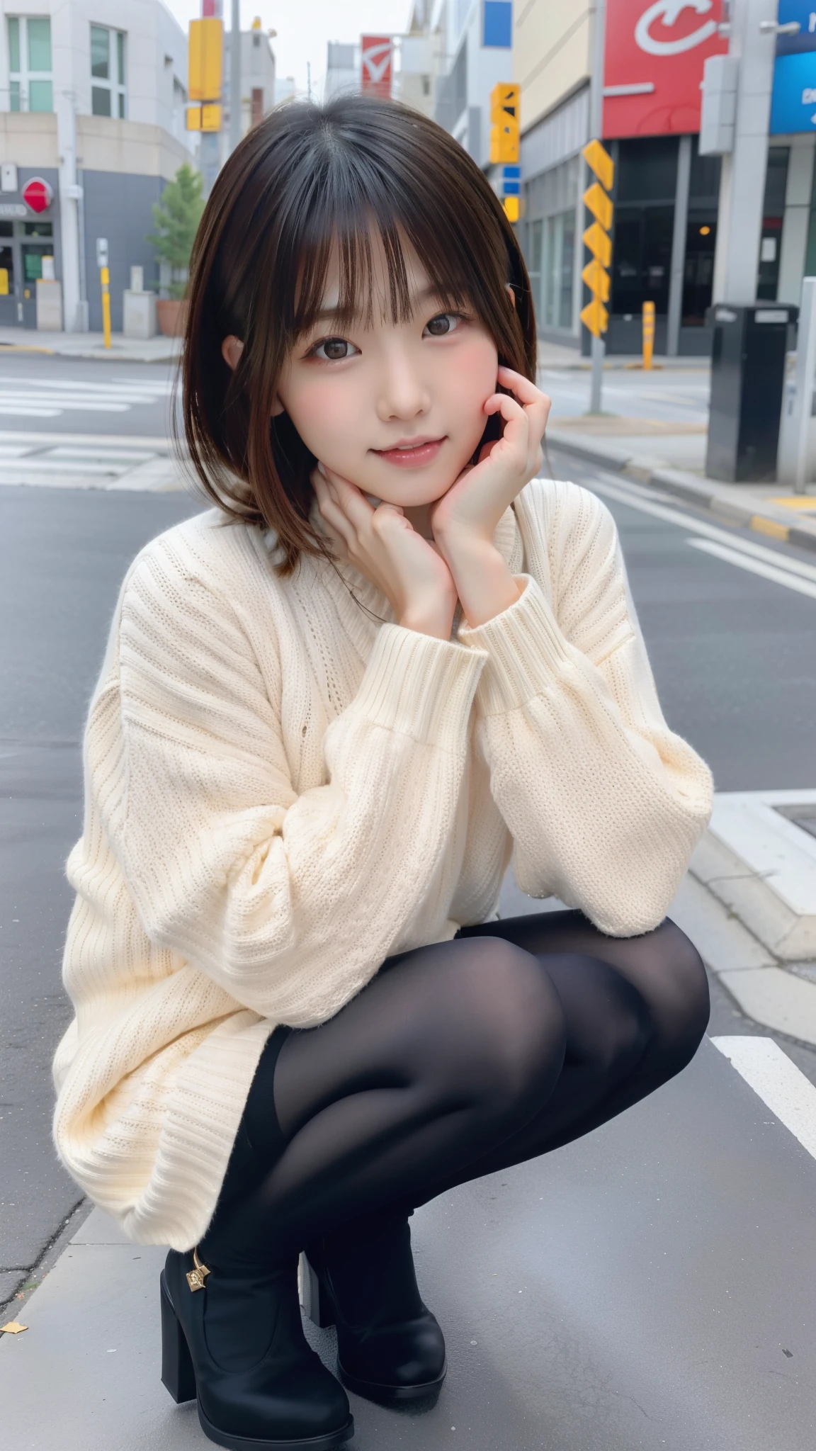 Photo taken by a professional photographer，Close-up of a woman squatting on the sidewalk with her legs crossed, kiko mizuhara, wearing a sweater, Shirahime cut brown hair, wearing a sweater, young and cute girl, japanese model, 白いwearing a sweater, Chiho, ランダムカラーのカジュアルなwearing a sweater,Cute ide waves with short hair, a cute young woman, cute young woman, black pantyhose，black tights，black high heels，