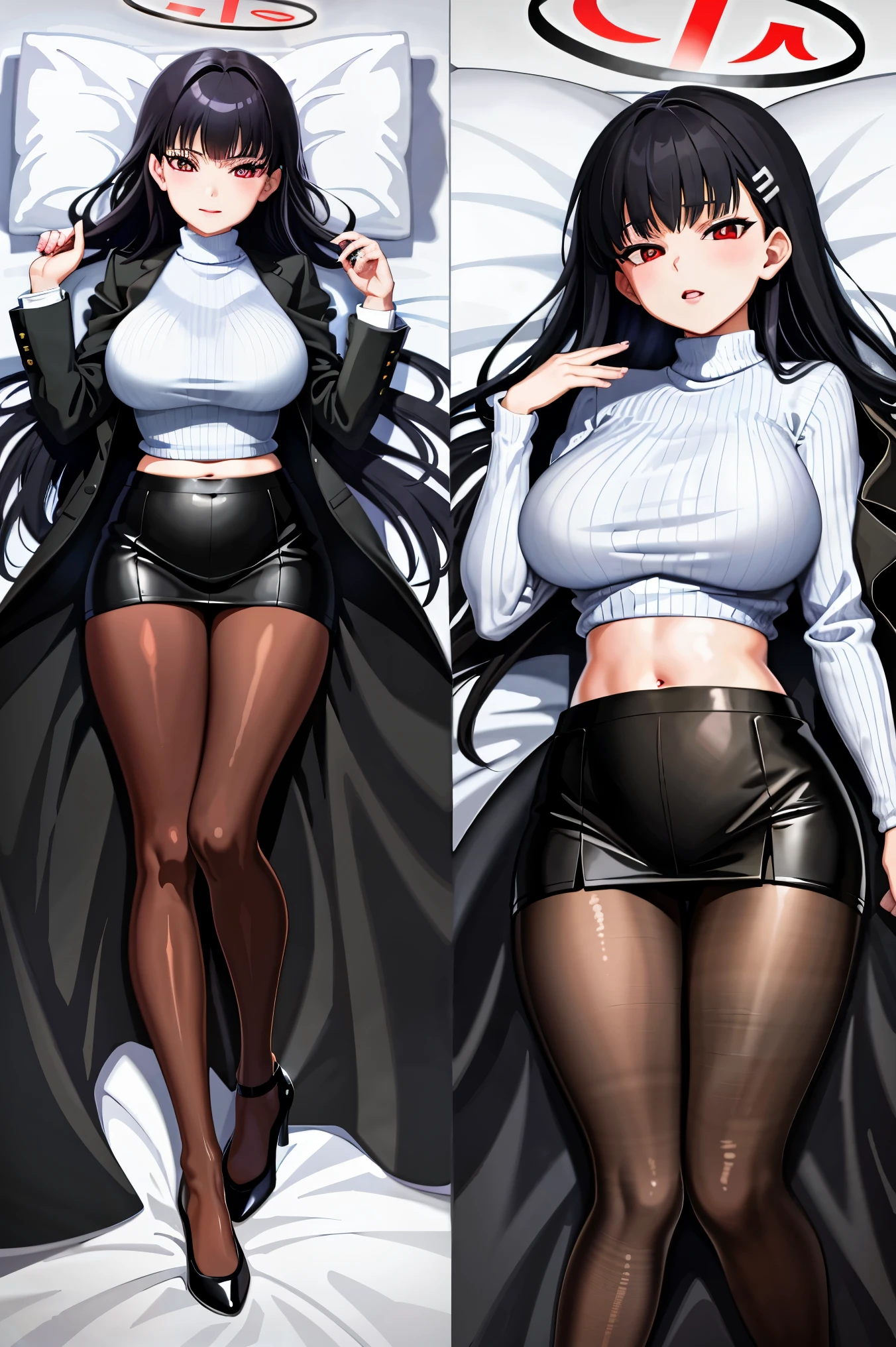 (masterpiece, best quality:1.2), 1girl, (dakimakura:1.2), dakimakura\(medium\), lying on back, midriff, wide hips, navel, belly, ass visible through thighs,plump, cubby, bedsheets, pillow, pillow cover, BREAK rio, black hair, (red eyes), hair ornament, hairclip, halo, long hair, black footwear, black jacket, black pantyhose, black skirt, buttoned cuffs, high heels, jacket, long sleeves, office lady, pantyhose, ribbed sweater, skirt, sweater, thigh strap, turtleneck, turtleneck sweater, white sweater,