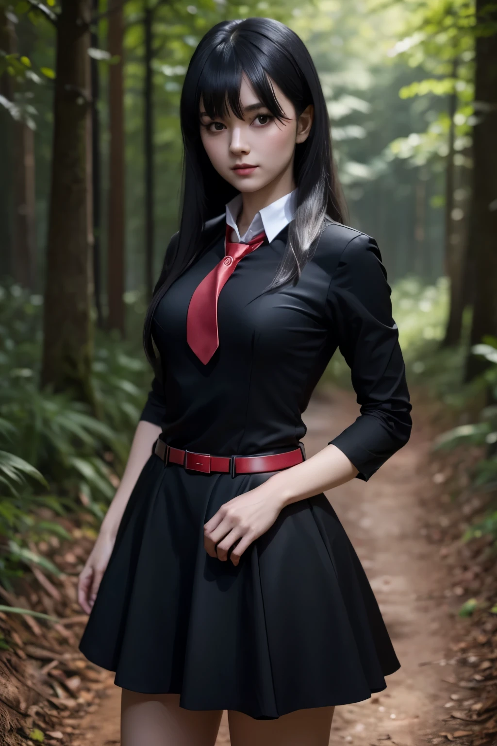 beautiful girl in black dress with red collar and long red tie, black short skirt, red waist belt,long black bangs red eyes, standing pose, hands behind back, forest background, high detail, high quality, realistic beautiful girl.