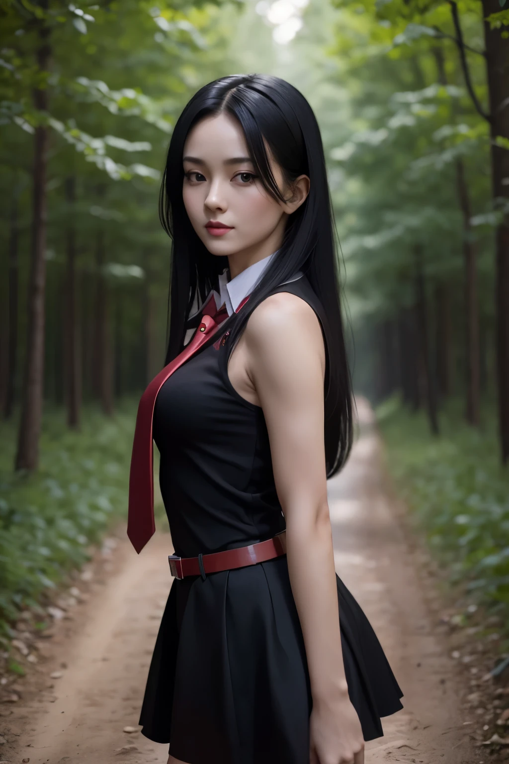 beautiful girl in black dress with red collar and tie, black short skirt, red waist belt, long black hair, red eyes, standing pose, hands behind back, forest background, high detail, high quality, realistic beautiful girl.