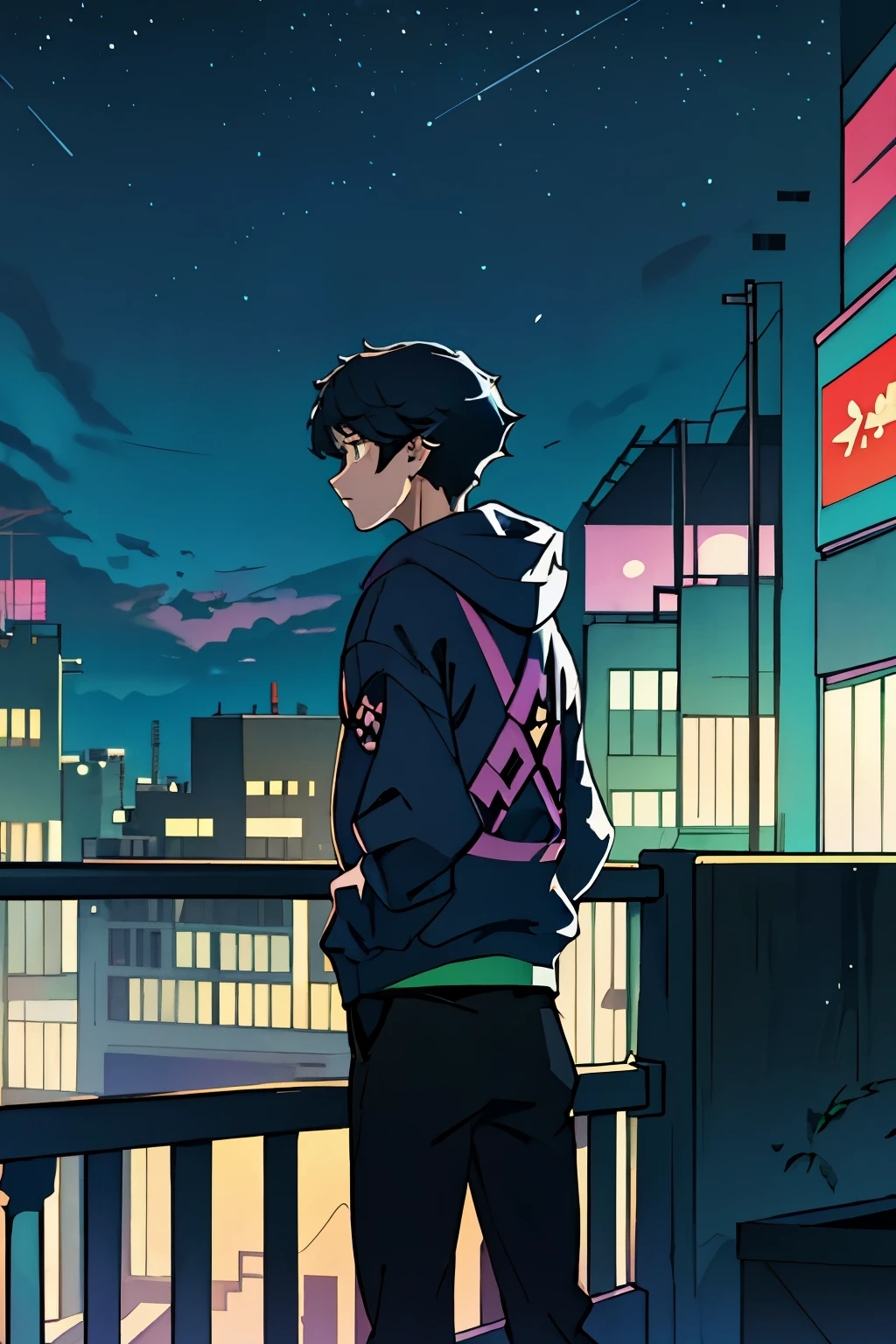 ((Masterpiece, Best Quality)): Anime print, from behind, a solitary boy in a hoodie, stands at the balcony, gazing intently at the cityscape in the evening, closed-up perspective, Half-body illustration, vibrant colors, intricate details, buildings with geometric lines, city lights twinkling, poetic atmosphere, subtle gradients, evocative use of color and shadow.