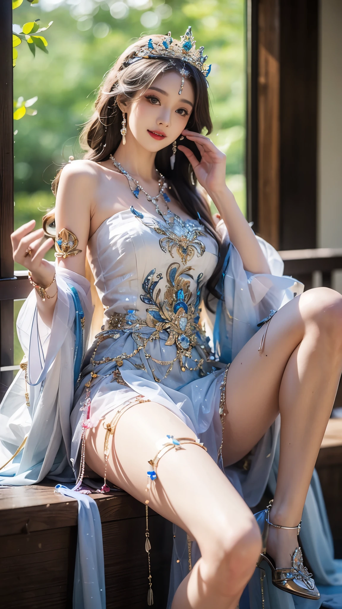 ((Knee Shooting)), arapefee, looking at camera, wear high heel shoes,Put on the crown,necklace,Smile,Shoot at random angles,beside a window, in the castle, transparency,(King size ,1.5),Exposing cleavage,Turn around and look at the camera,masterpiece,flawless,transparency,Empty inspiration,More details and decoration,Show your thighs,Sexy slender legs, 8k,(Wear decorations such as rings,1.9),White skin,Ornate ornament,a girl,(anatomically correct,PremiumQuality, high detail, masterpiece)