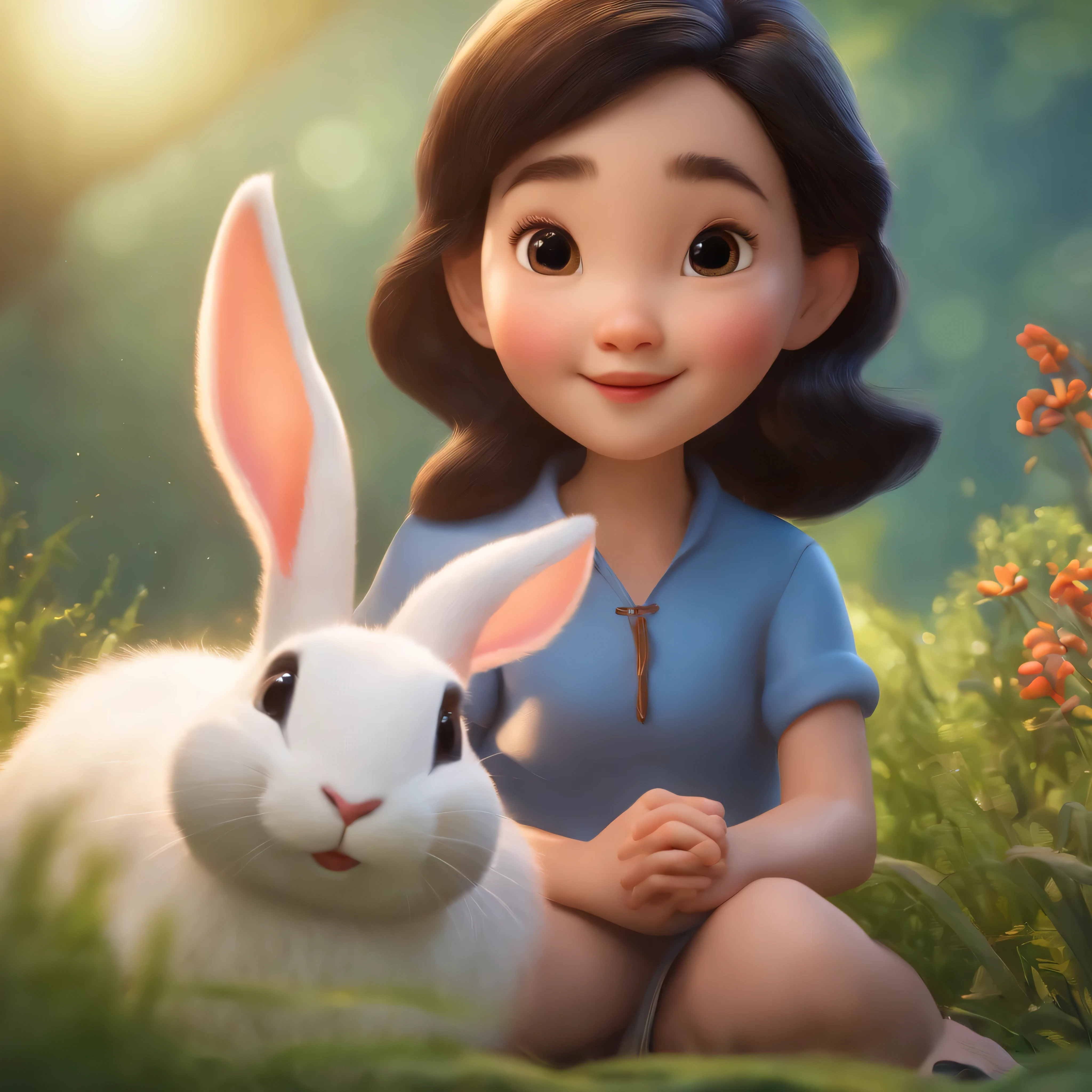 movie image quality, kpop actress lisa with a rabbit, Disney animation, Disney animation style, Disney movie animation, 3D movies, Chinese style, explorer rabbit, walking through the colorful forest, with his animal friends, HD, children's painting, depth of fields, Light High, Real Light, Streak Traching, OC rendered, hyper-realistic, best quality, 8K, Master Works, super fine, detailed pubic hair, correct anatomy, sharp focus on eyes, bokeh, facial features are carefully described