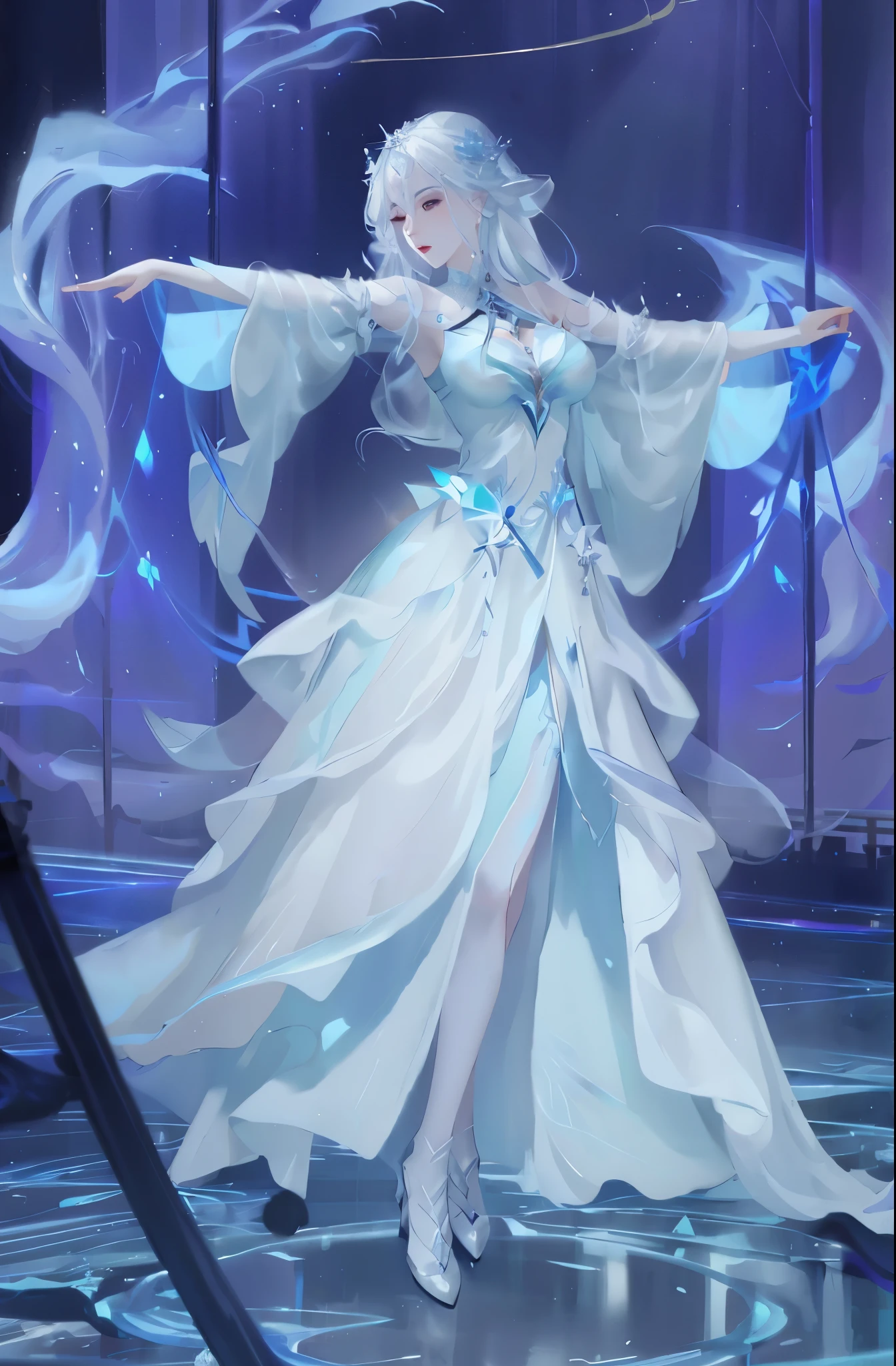 There is a woman in a skirt standing on the stage, Beautiful Frost Witch, ethereal fantasy, Popular topics on cgstation, Astral Witch Clothes, ethereal essence, she is dancing. actual, Astral Fairy, fantasy dress, Ethereal fairy tale, ice witch, full body xianxia, This character has the ability to freeze, a sorceress casting a ice ball