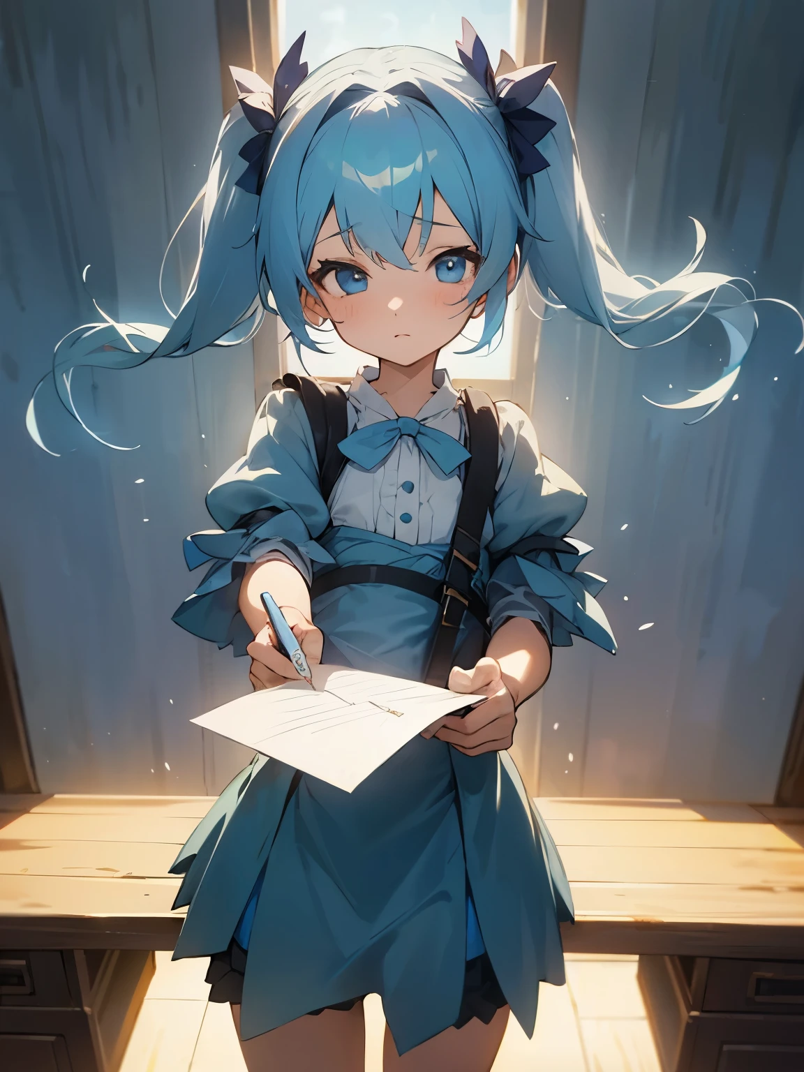 Girl writing a letter cute twintails light blue hair pannier