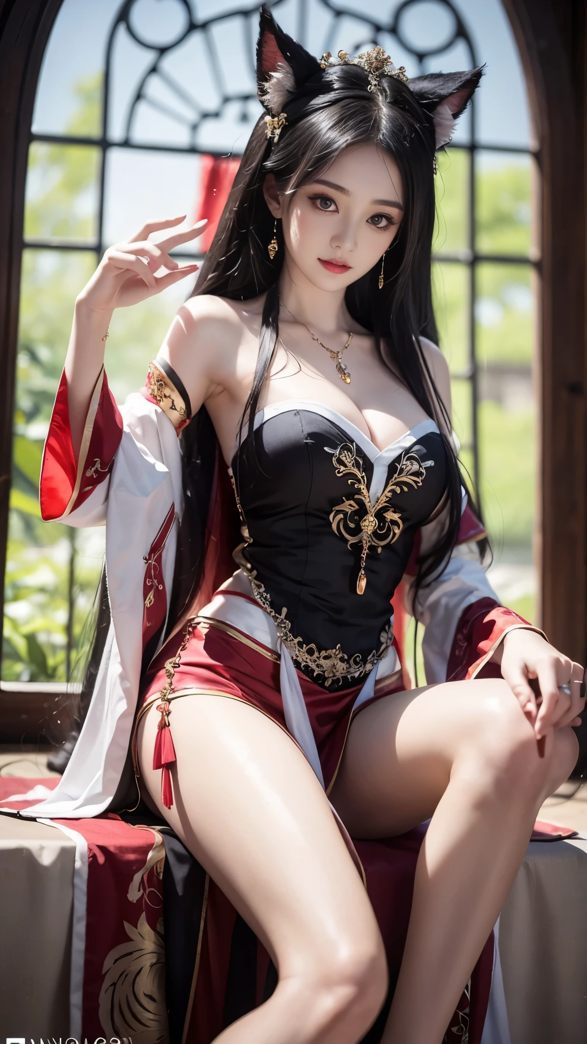Ahri_Cosplay, White Tails, Black long hair, yellow eyes, ((Knee Shooting)), arapefee, looking at camera, wear high heel shoes,Put on the crown,necklace,Smile,Shoot at random angles,beside a window, in the castle, transparency,(King size ,1.5),Exposing cleavage,Turn around and look at the camera,masterpiece,flawless,transparency,Empty inspiration,More details and decoration,Show your thighs,Sexy slender legs, 8k,(Wear decorations such as rings,1.9),White skin,Ornate ornament,a girl,(anatomically correct,PremiumQuality, high detail, masterpiece)