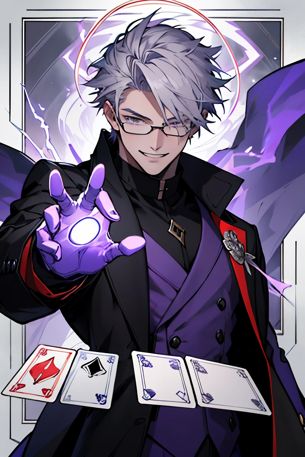 Beautiful young man with gray hair and glasses。Eyes are red。Black coat with classic design decorations、white gloves。Grinning, he holds out his right hand and manipulates purple lightning magic.。The background is a purple magic square。Tarot-like atmosphere