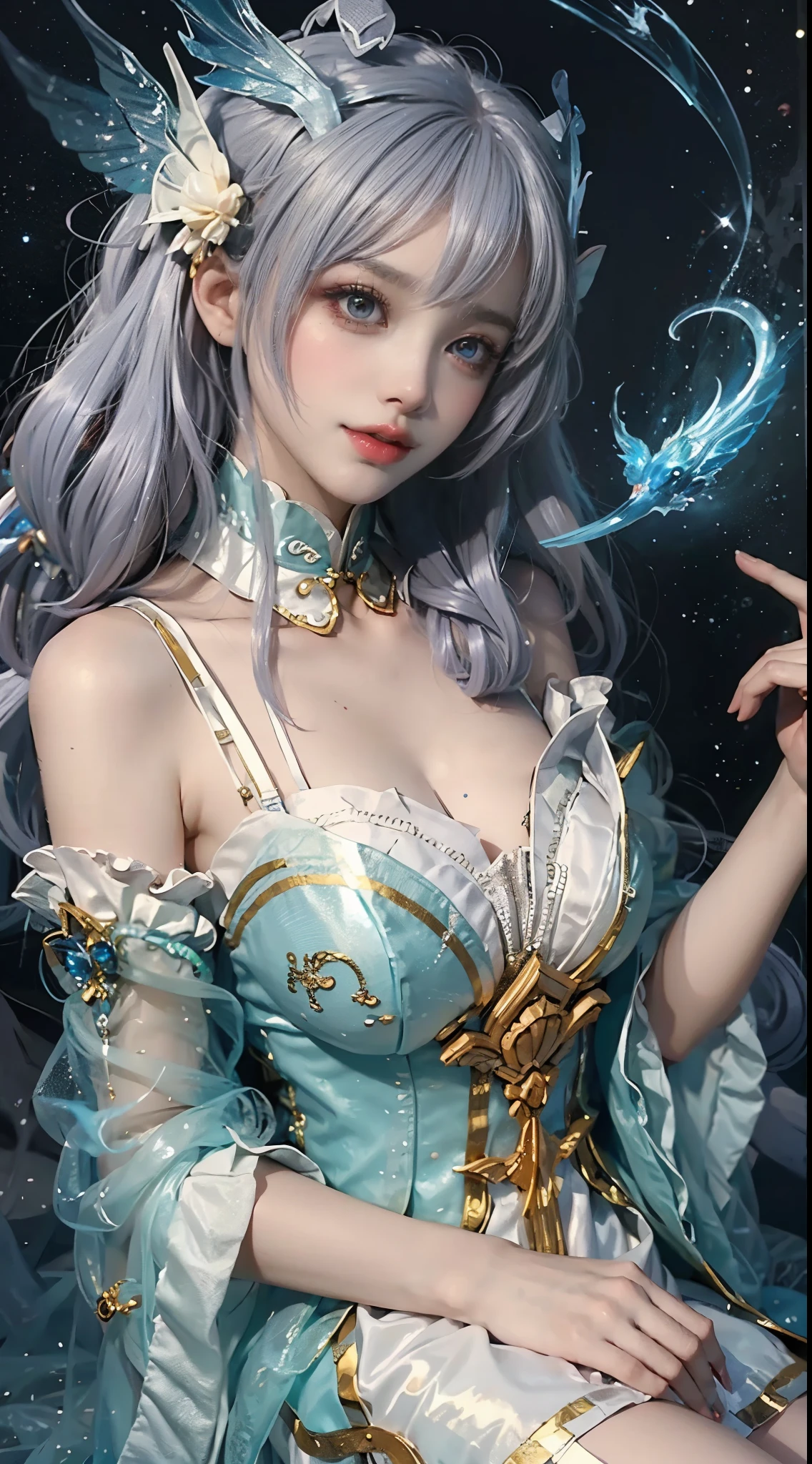 Close-up of woman in costume on stage, Whole body xylose, Beautiful celestial mage, Stunning young and ethereal figure, beautiful fantasy queen, Astral Witch Clothes, shaxi, flowing magic robe, Hanf Blanc, xianxia fantasy, Belle Defin, ethereal fantasy, Elegant and charming cosplay, heise jinyao,((Lying in bed)),((top down view))