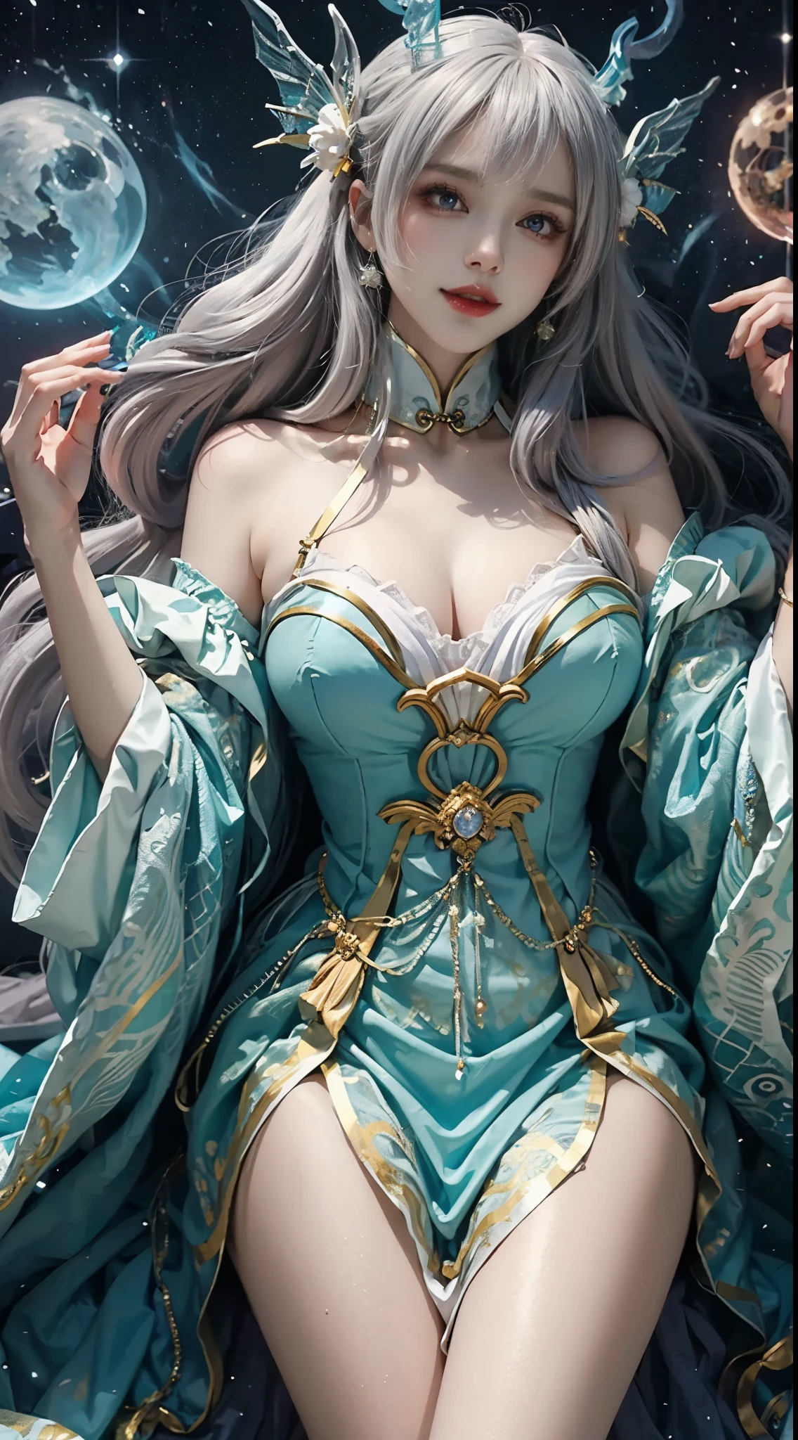 Close-up of woman in costume on stage, Whole body xylose, Beautiful celestial mage, Stunning young and ethereal figure, beautiful fantasy queen, Astral Witch Clothes, shaxi, flowing magic robe, Hanf Blanc, xianxia fantasy, Belle Defin, ethereal fantasy, Elegant and charming cosplay, heise jinyao,((Lying in bed)),((top down view))