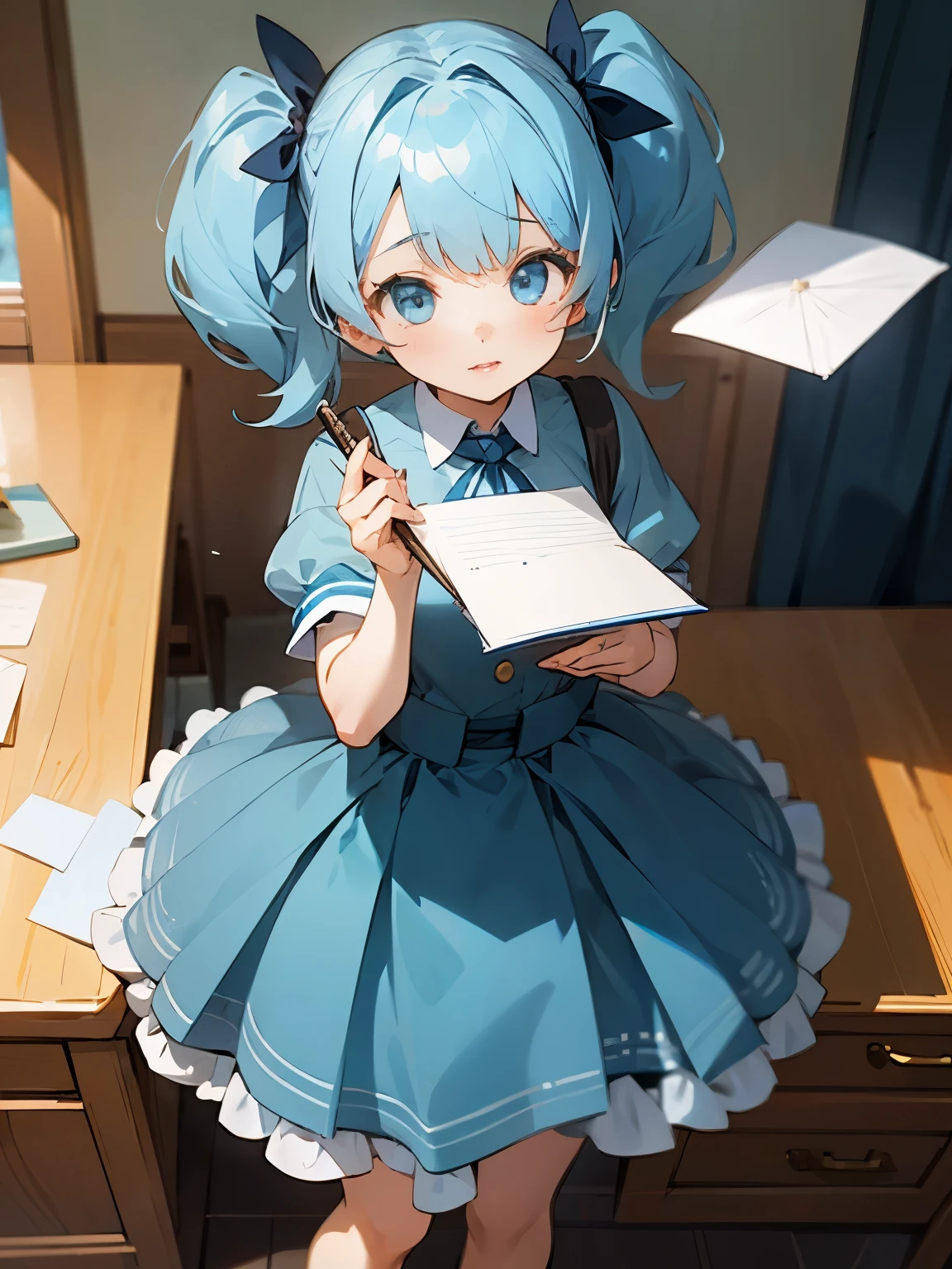 Girl writing a letter, cute twintails, light blue hair, skirt pannier included