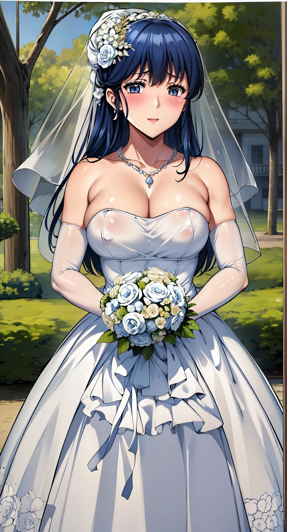 Otonashi_kyoko,
long hair,  Bangs, blue eyes, Blue hair, Smile，Shut up，blush，
 Close-up of beautiful bride wearing beautiful wedding dress,Gurwitz,(bridal veil:1.5），（Transparent short veil：1.5），Blushing face，Head flower，headgear，（tube top wedding dress：1.5），（Silk dress：1.2）,（Strapless wedding dress：1.5）,pure white dress，necklace，earrings，(large breasts:1.3)，Deep V peach heart collar wedding dress，Bangs，lipstick，（elbowgloves：1.3）,whole body照,High detail RAW color art,Long white dress，whole body，Place your hands behind your back，