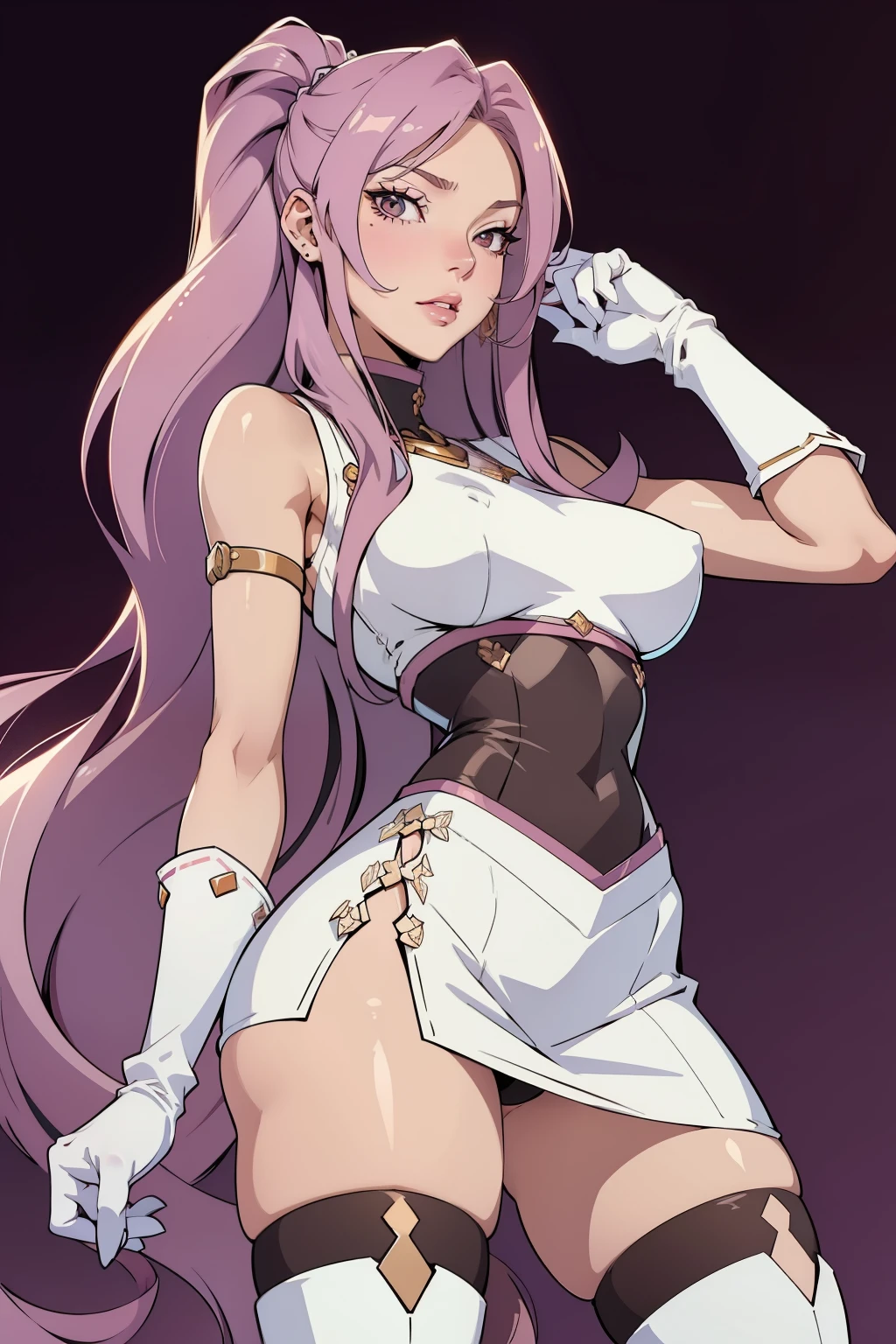 White gloves, long hair, Rose hair, A face as beautiful as Lisa blackpink, Juicy body, Mature girls, Wearing a school miniskirt, sexy pose, Medium but exciting breasts,