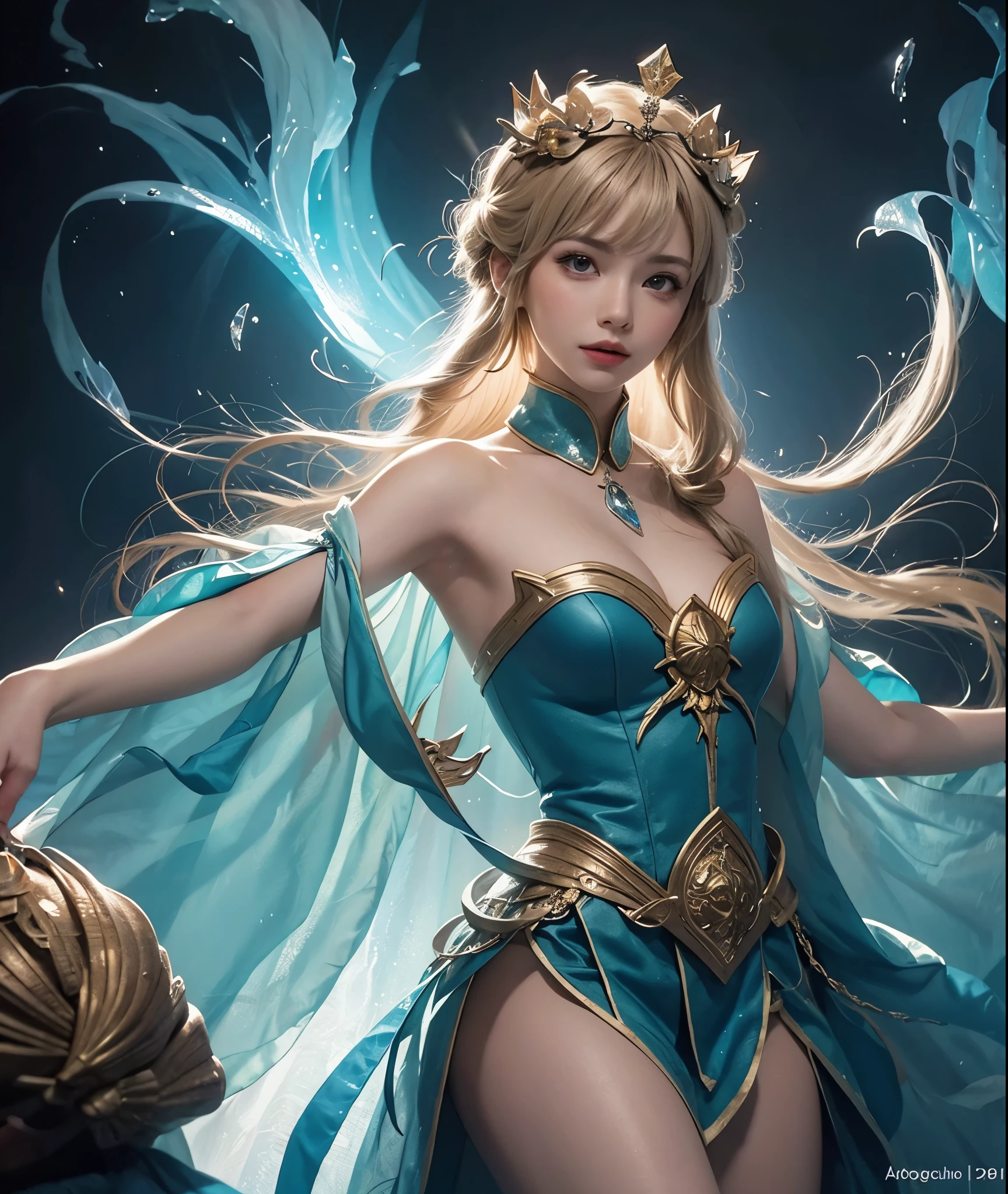 photography, HD, photo, Miss, beautiful clothes gorgeous, mdjrny-v5, style portrait of a gorgeous blond woman in the style of stefan kostic, actual, ((knee shot)), sharp focus, 8KHD, Extremely detailed, complex, elegant, Stanley Liu (stanley lau) and artwork by artgerm, Extreme blur flame background, soft, flash, dramatic, fantastic, soft, watercolor, whimsical, Beautifully, Shell crown, Popular topics on Artstation, Very detailed, complex, portrait, digital painting, fantasy theme, fantasy concept art, fantasy character art, smug, age girl, Perfect body, whole body, fantastic, soft, watercolor, whimsical, Beautifully, Shell crown masterpiece, 8k, perfect lighting, , aldult, woman, looking at the audience, Cinema lighting