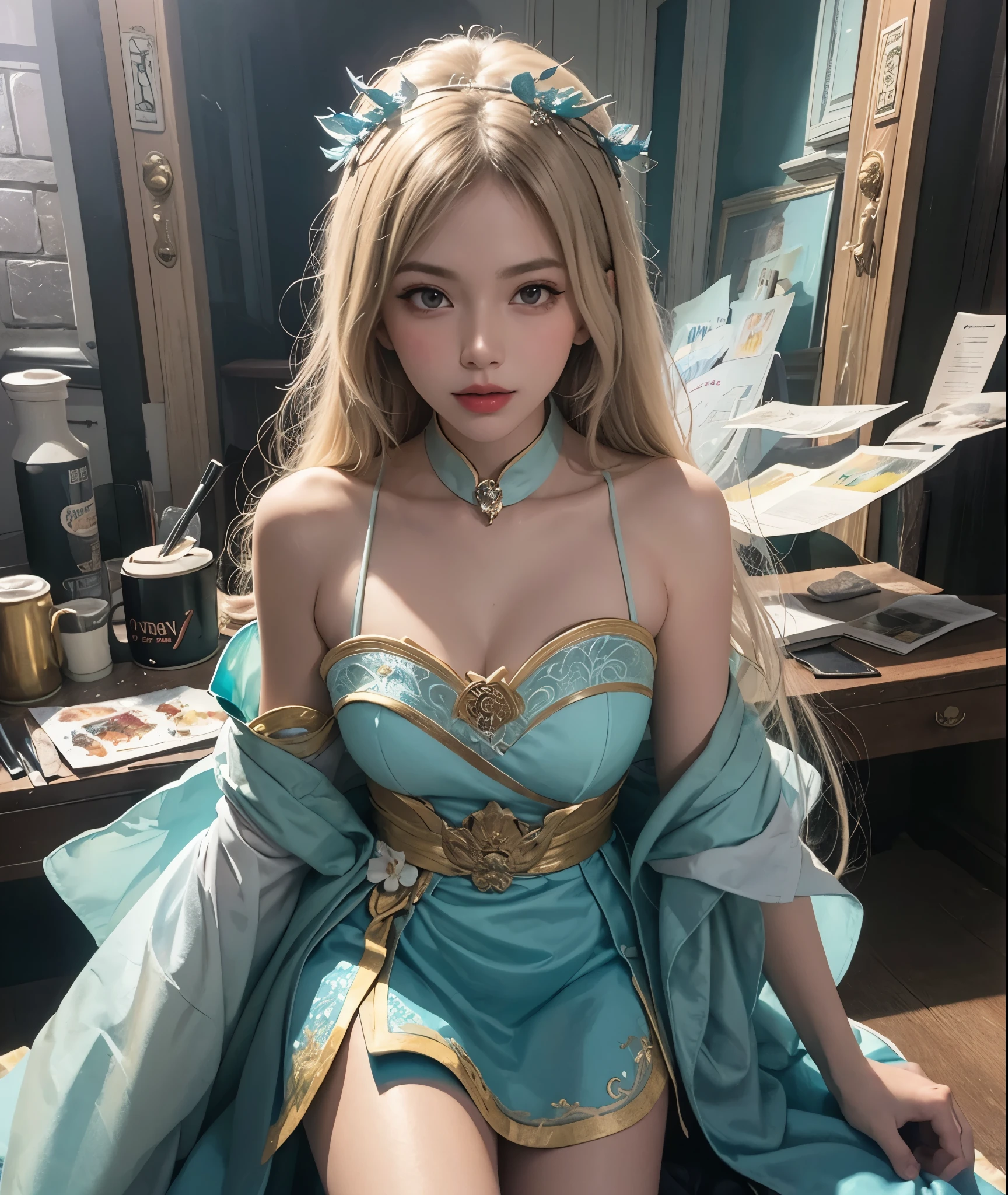 Best quality, masterpiece, ultra high res, raw photo, beautiful and aesthetic, deep shadow, fairy theme,(ultra detailed:1.3), 1girl, sitting pose, headdress, (beautiful face, detailed eye:1.2), embarrassed, drill hair, long hair, blonde hair, gradient hair, yellow eyes, solo, (busty breasts, gigantic breasts:1.2), big hair, blue hair, divine goddess, looking at viewer, indoors, royal palace, luxurious bedroom, canopy bed, room full of curtain, astraea, full body, butterfly dress, big wings