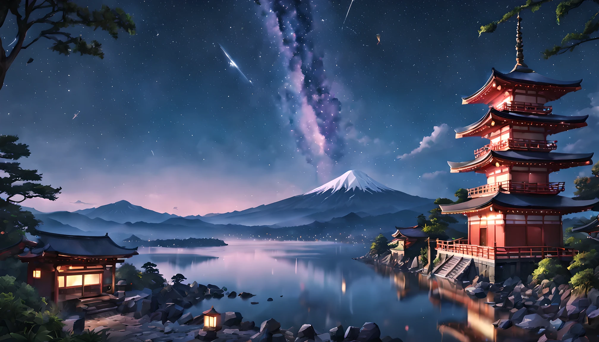 fictional metropolis、、night view、starry sky、A building designed like a shrine、Mt. Fuji in the distance