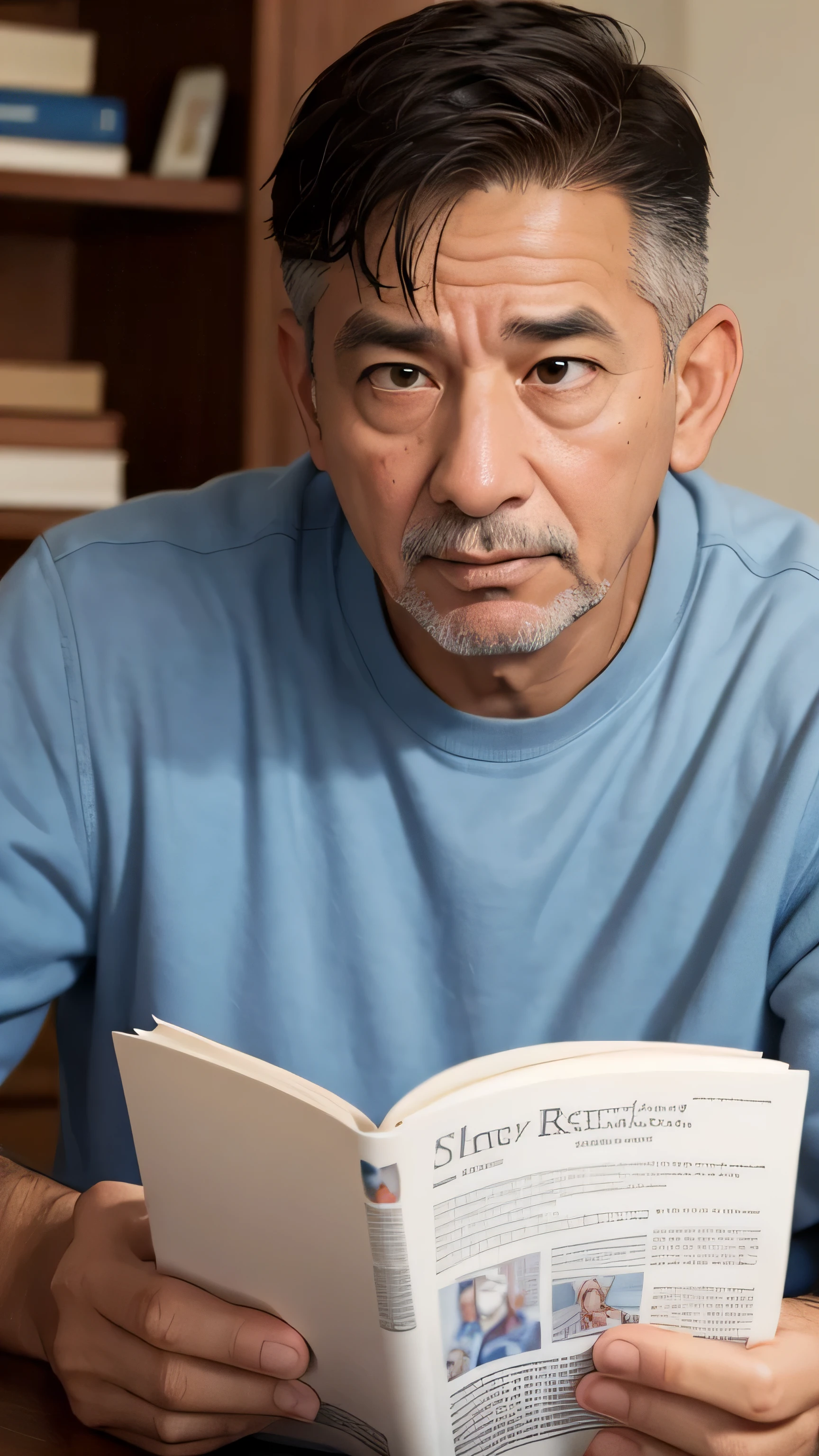Dad engrossed in reading his son's perspective on gratitude.
Background: Expressive facial features to capture the dad's changing emotions.