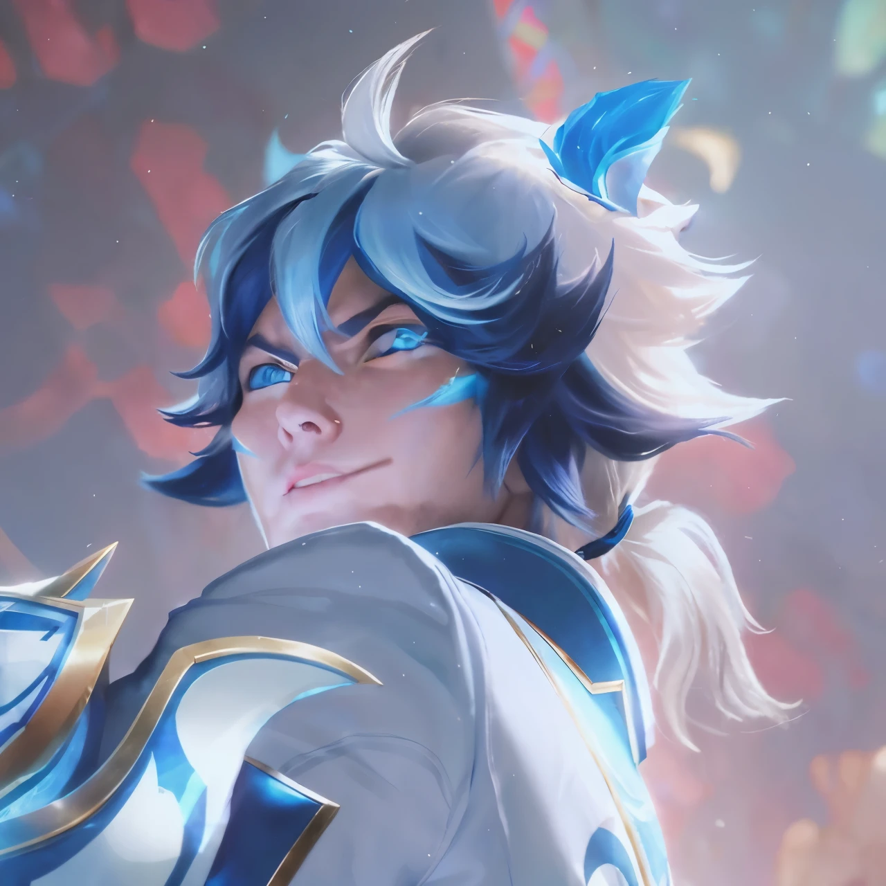 a close up of a man with blue hair and a blue and white outfit, portrait knights of zodiac man, ezreal, extremely detailed artgerm, keqing from genshin impact, artgerm detailed, official splash art, ezreal, from league of legends, league of legends character art, trending artgerm, rossdraws global illumination