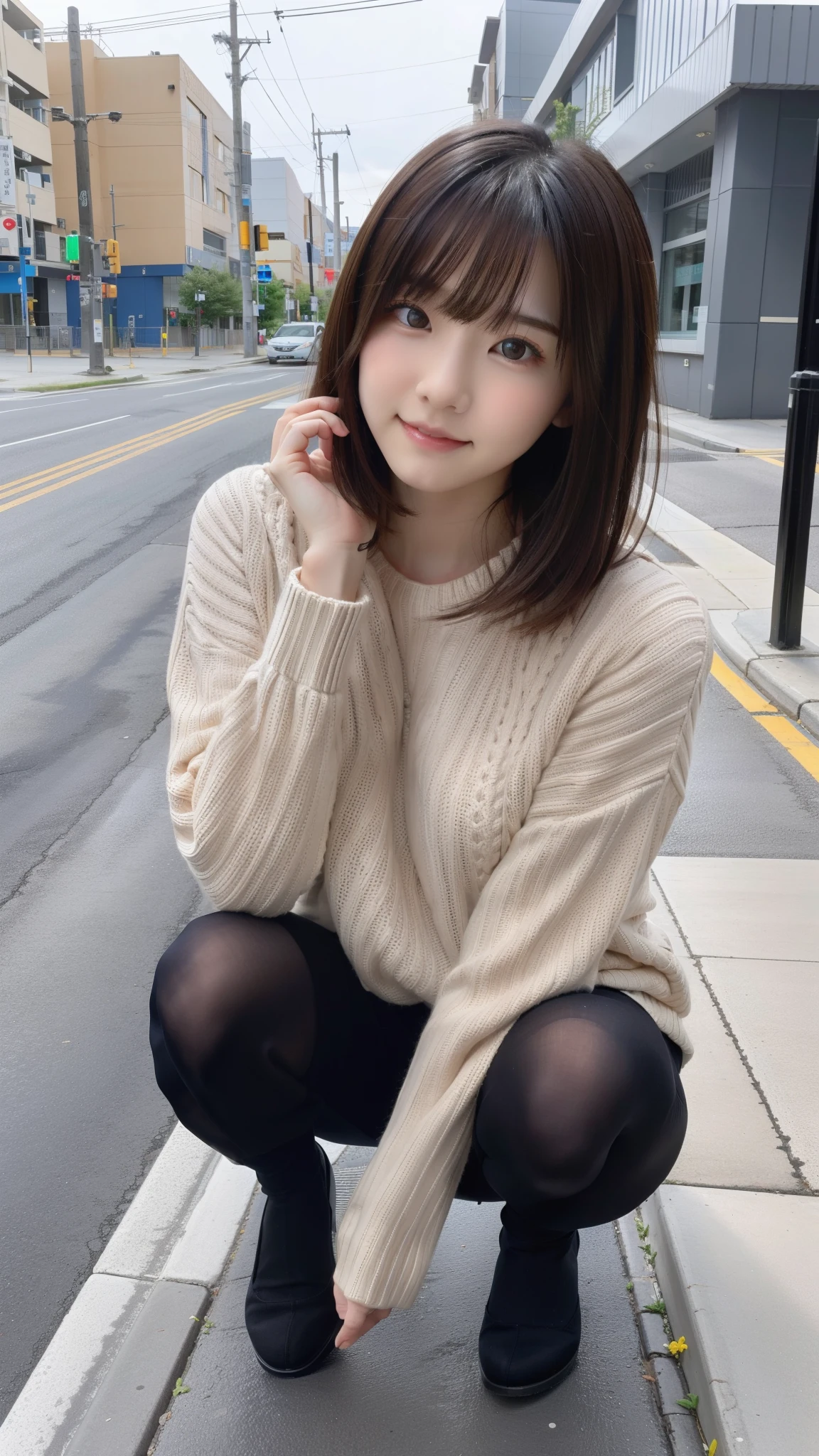 Photo taken by a professional photographer,Close-up of a woman squatting on the sidewalk with her legs crossed, kiko mizuhara, wearing a sweater, Shirahime cut brown hair, wearing a sweater, young and cute girl, japanese model, 白いwearing a sweater, Chiho, ランダムカラーのカジュアルなwearing a sweater,Cute ide waves with short hair, a cute young woman, cute young woman, black pantyhose,black tights,black high heels,