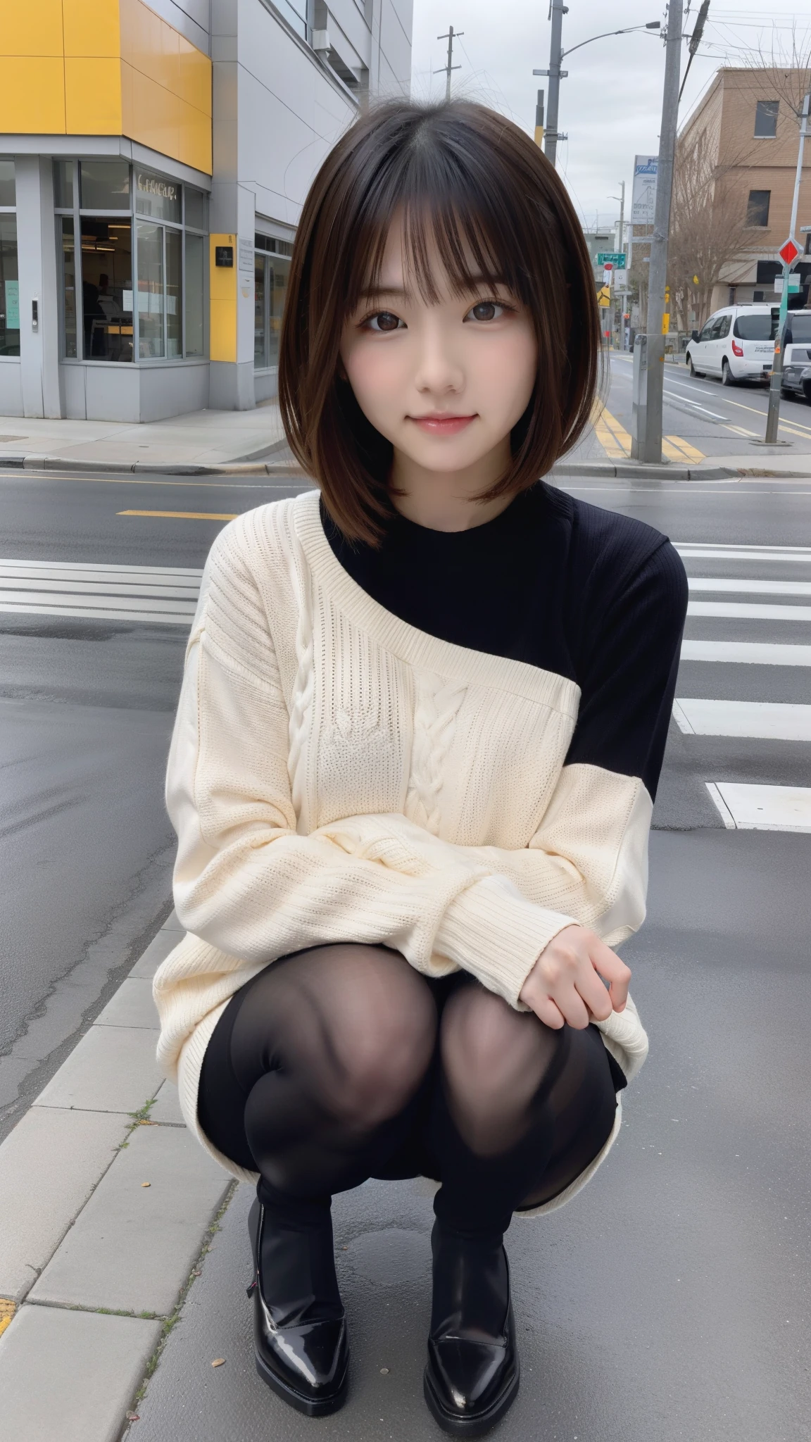 Photo taken by a professional photographer，Close-up of a woman squatting on the sidewalk with her legs crossed, kiko mizuhara, wearing a sweater, Shirahime cut brown hair, wearing a sweater, young and cute girl, japanese model, 白いwearing a sweater, Chiho, ランダムカラーのカジュアルなwearing a sweater,Cute ide waves with short hair, a cute young woman, cute young woman, black pantyhose，black tights，black high heels，