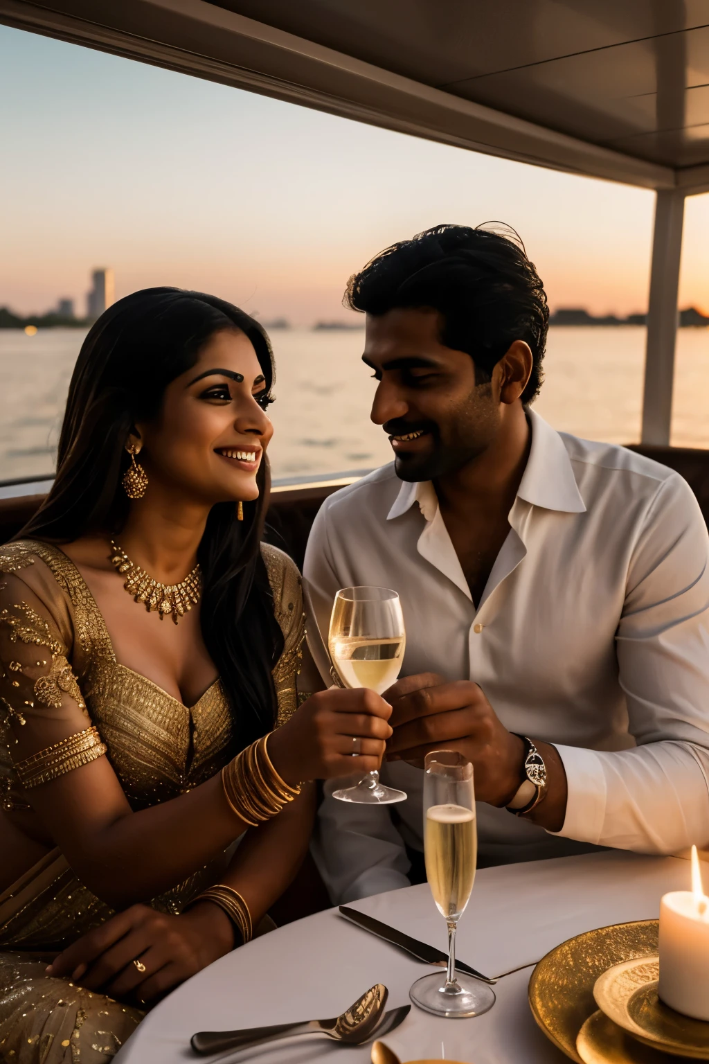 Hyper realistic photograph of a beautiful couple in their thirties, an Indian man and Indian woman celebrating a special moment, toasting champagne flutes and savoring a Michelin star candle lit dinner, onboard a modern yacht's alfresco dining table on the aft. The sun sets on the Miami city skyline in the back, painting the scene with cinematic lighting, production quality, and depth of field. The warm glow of the setting sun illuminates their faces, casting a diffuse back-light that enhances the exquisite detail and intricately-detailed textures of their clothes and surroundings. The long exposure time captures the tranquility of the moment,