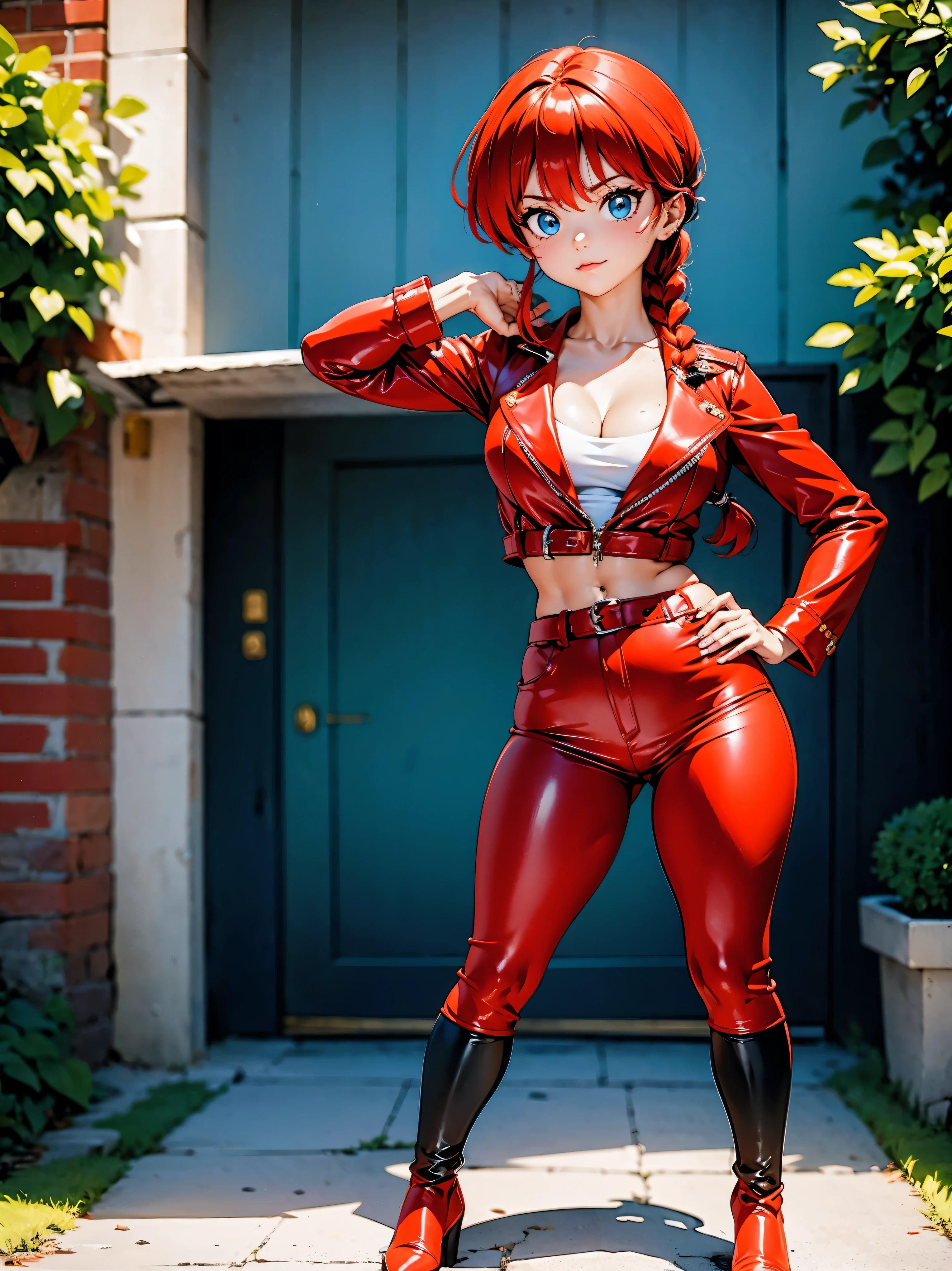 Garota anime ruiva com espada, usa red leather jacket and blue leather pants, 16 anos, corpo bonito, botas pretas, bota de couro, seios grandes, with one hand on her waist and hand in her hair, hand on hip, hand in her hair, garota sexy, red hair with braid, gorgeous lighting, sombras suaves, olhos azuis, pernas bonitas, hair with braid, estilo anime, Ranma Chan, Autora Rumiko Takahashi, Baseado em obra de Rumiko Takahashi, Anime Ranma 1/2, seios grandes, decote sexy, quadril robusto, corpo inteiro, corpo inteiro, Seios lindos, garota jovem com corpo belo e bonito, botas pretas, bota de couro, red leather jacket and blue leather pants, blusa branca por baixo da jaqueta, empunhando katans japonesa, garota com espada, garota espadachim