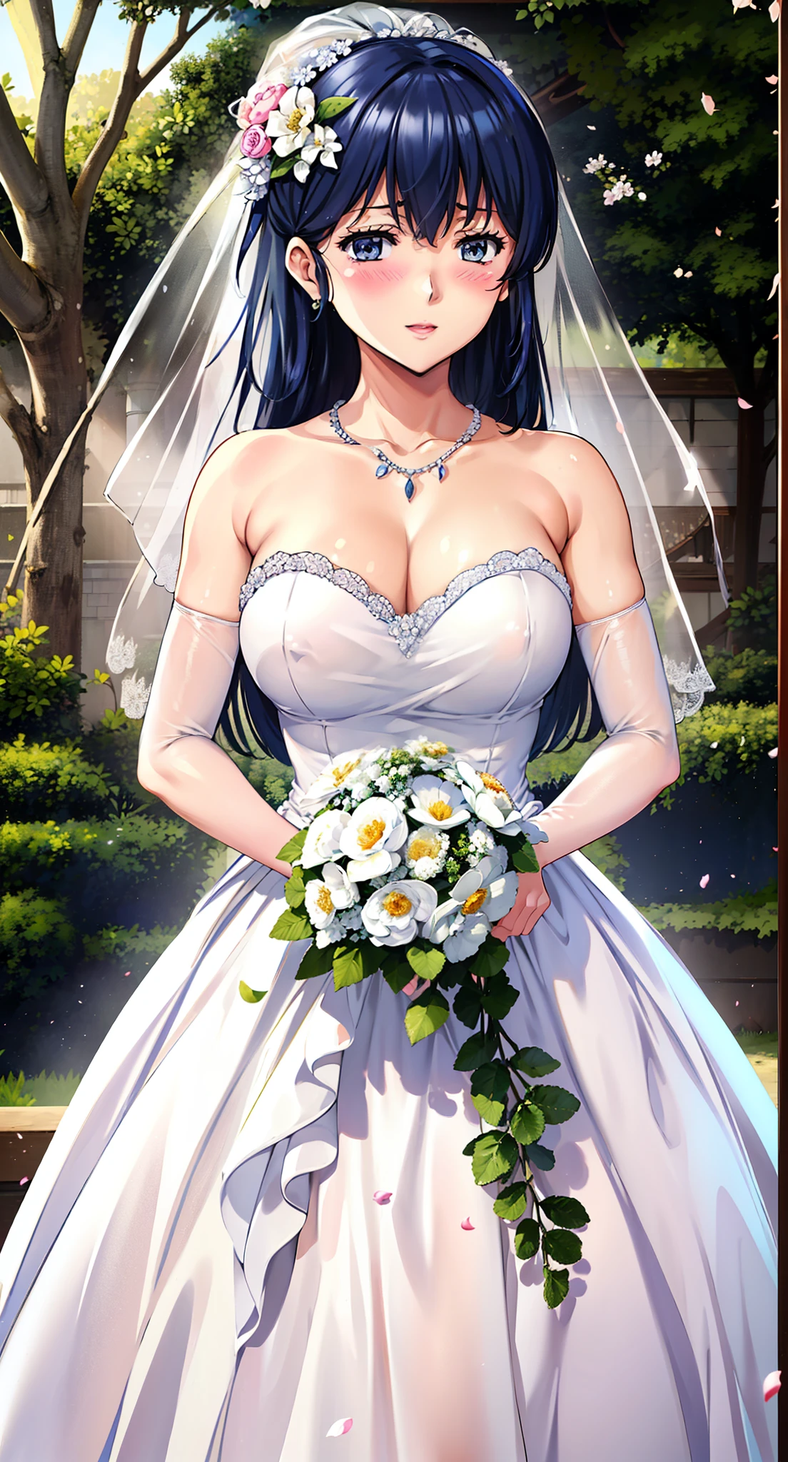 Otonashi_kyoko,
long hair,  Bangs, blue eyes, Blue hair, Smile，Shut up，blush，
 Close-up of beautiful bride wearing beautiful wedding dress,Gurwitz,(bridal veil:1.5），（Transparent short veil：1.5），Blushing face，Head flower，headgear，（tube top wedding dress：1.5），（Silk dress：1.2）,（Strapless wedding dress：1.5）,pure white dress，necklace，earrings，(large breasts:1.3)，Deep V peach heart collar wedding dress，Bangs，lipstick，（elbowgloves：1.3）,whole body照,High detail RAW color art,Long white dress，whole body，Place your hands behind your back，