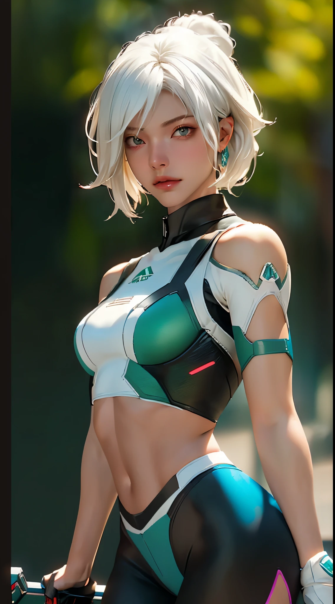 ((Best Quality)), ((Masterpiece), (Details: 1.4), 3D, A Beautiful Cyberpunk Female Figure, Short White Hair, Muscular Streamlined Body, Medium Physique, Short Sleeves, Crop Top, Semi-Mechanical, HDR (High Dynamic Range), Ray Tracing, NVIDIA RTX, Super-Resolution, Unreal 5, Subsurface Scattering, PBR Texture, Post-processing, Anisotropic Filtering, Depth of Field, Maximum Sharpness and Clarity, Multi-layer textures, albedo and specular mapping, surface shading, accurate simulation of light-material interactions, perfect proportions, Octane Render, two-color light, large aperture, low ISO, white balance, rule of thirds, 8K RAW,