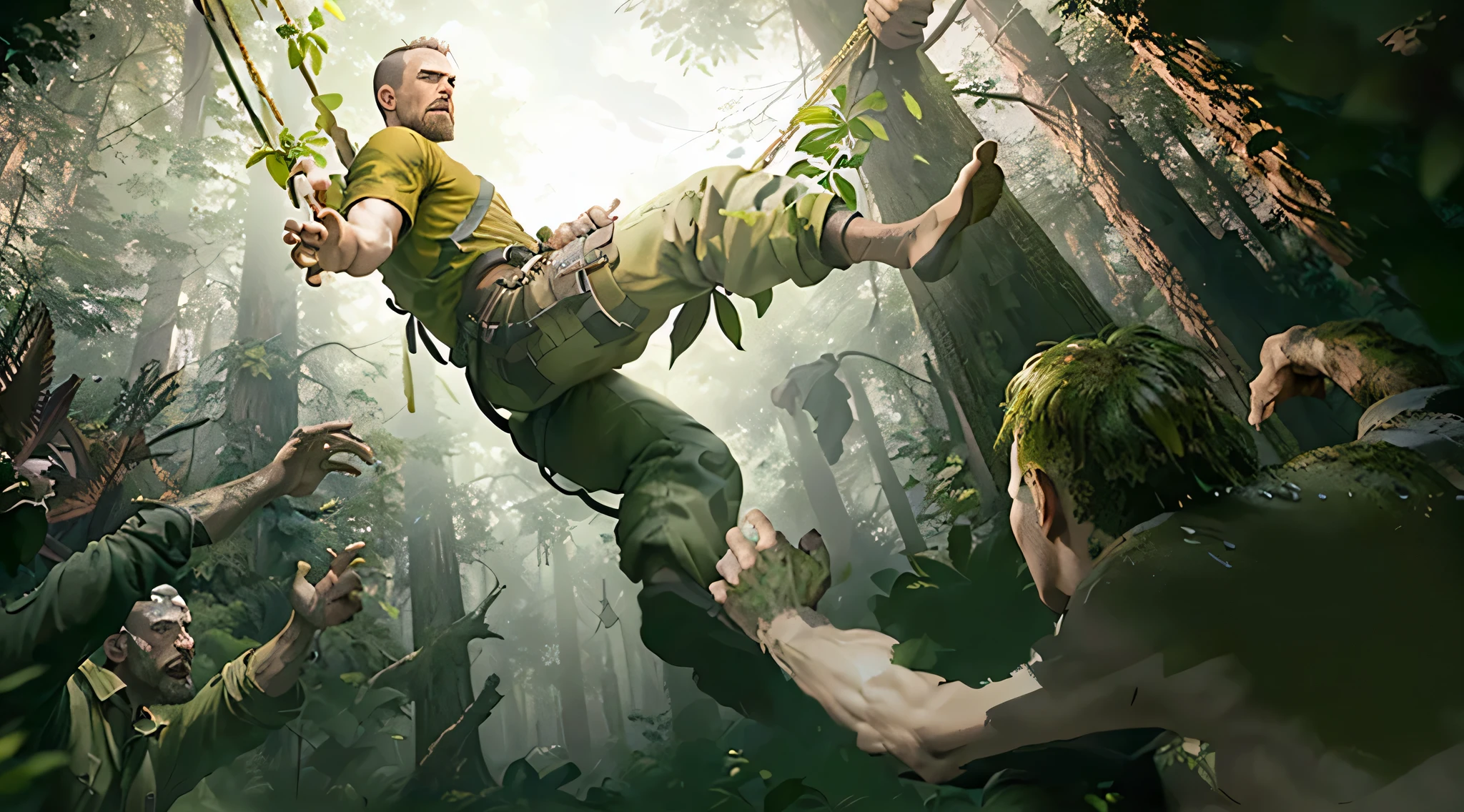 there is a man on a swing in the middle of a jungle, detailed game art illustration, stefan koidl inspired, game illustration, concept art digital illustration, epic full color illustration, cover game art, epic digital art illustration, concept art for a video game, wojtek fus, combat scene, stefan koidl, illustration concept art, concept art illustration