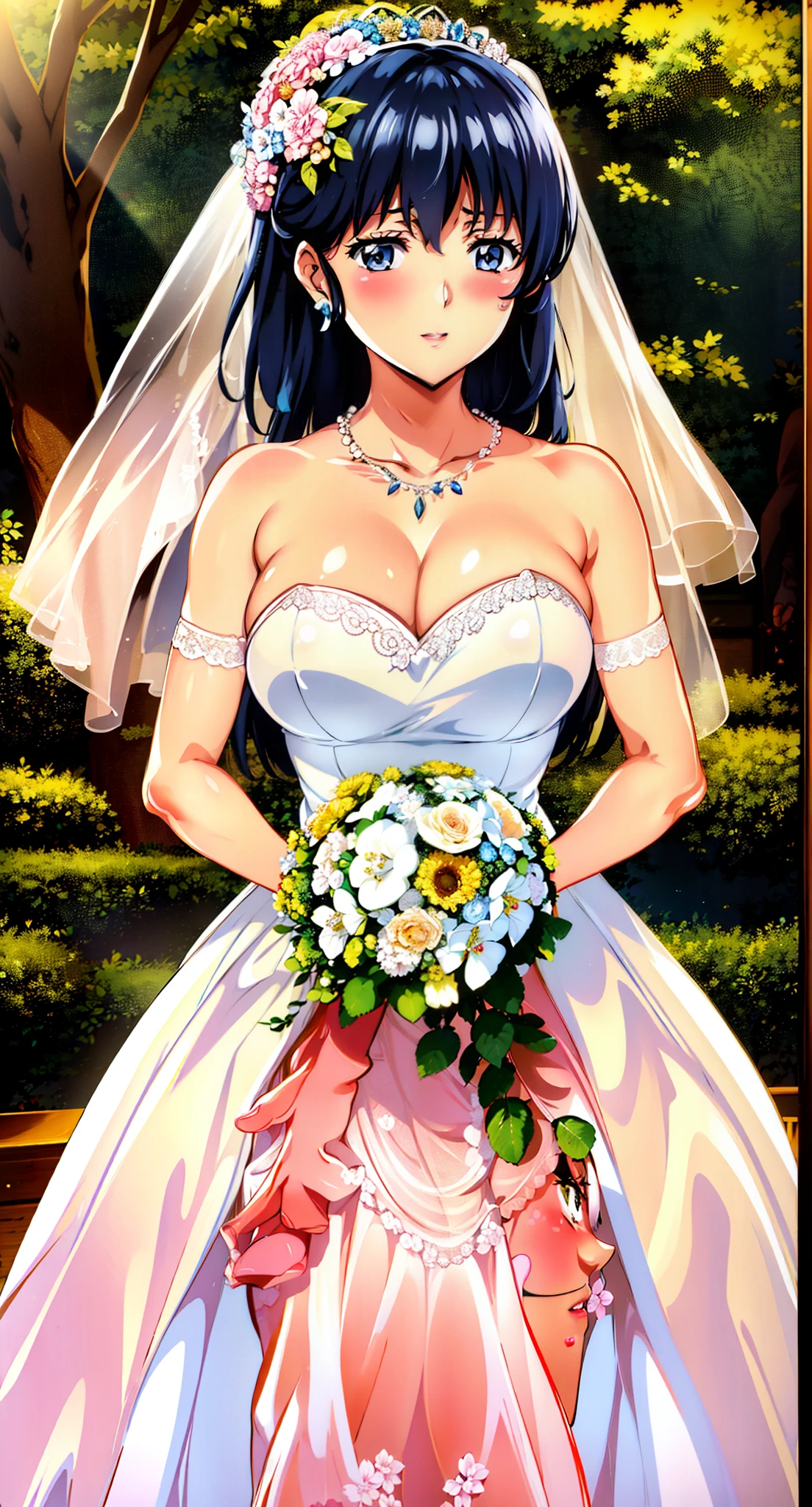 Otonashi_kyoko,
long hair,  Bangs, blue eyes, Blue hair, Smile，Shut up，blush，
 Close-up of beautiful bride wearing beautiful wedding dress,Gurwitz,(bridal veil:1.5），（Transparent short veil：1.5），Blushing face，Head flower，headgear，（tube top wedding dress：1.5），（Silk dress：1.2）,（Strapless wedding dress：1.5）,pure white dress，necklace，earrings，(large breasts:1.3)，Deep V peach heart collar wedding dress，Bangs，lipstick，（elbowgloves：1.3）,whole body照,High detail RAW color art,Long white dress，whole body，Place your hands behind your back，