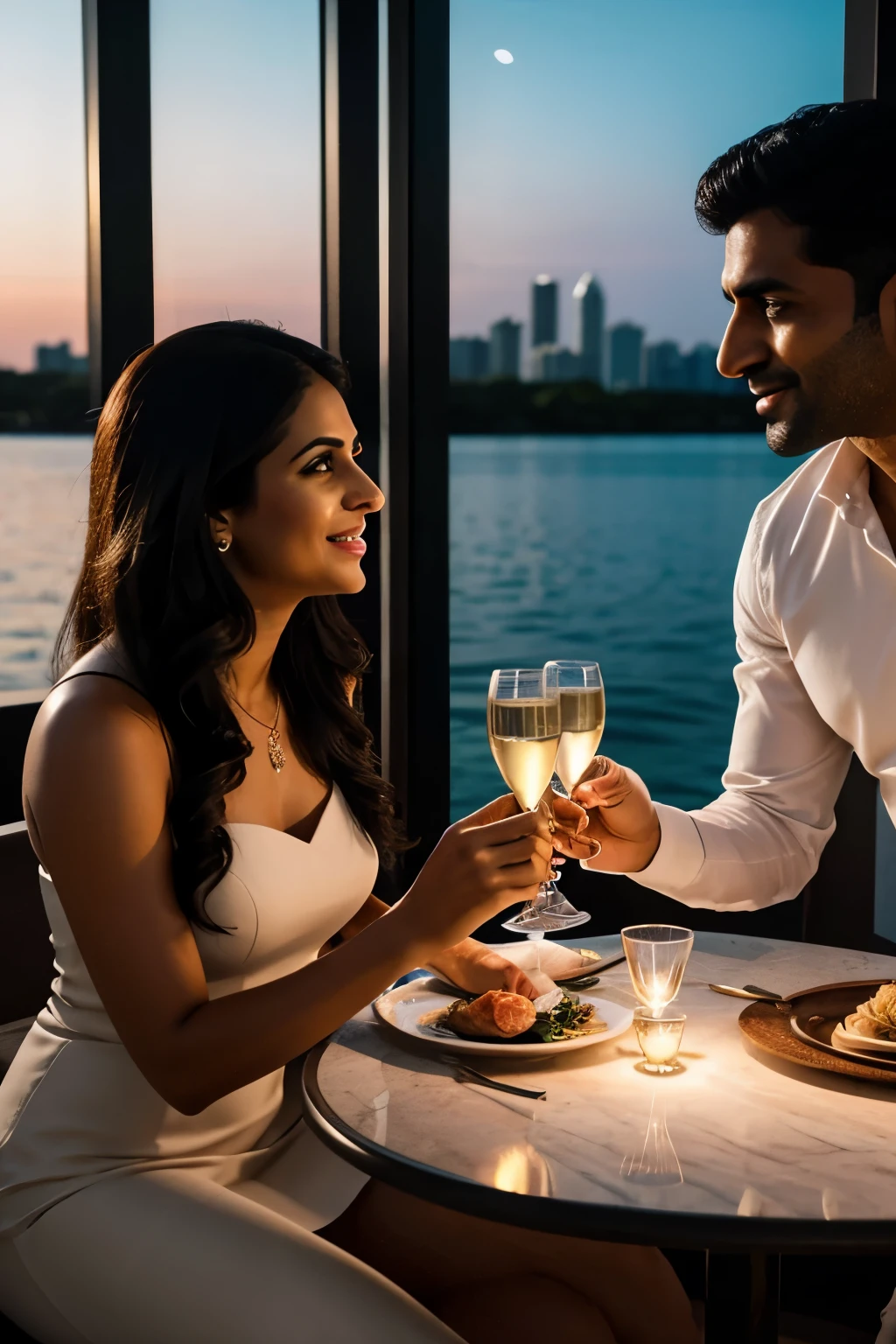 Hyper-realistic photograph of a beautiful couple in their thirties, an Indian man with a distinctly handsome features and an Indian woman with radiant beauty, toast champagne flutes and indulge in a Michelin-star candle lit dinner, seated comfortably on an exquisitely designed, modern yacht's alfresco dining table located at the aft. The sun sets in the background, casting cinematic lighting over the scene, with Miami city skyline serving as a perfect backdrop. The production quality is top-notch, with sharp focus and intricately-detailed images that capture every aspect of the moment. The depth of field is expertly executed, allowing the couple to stand