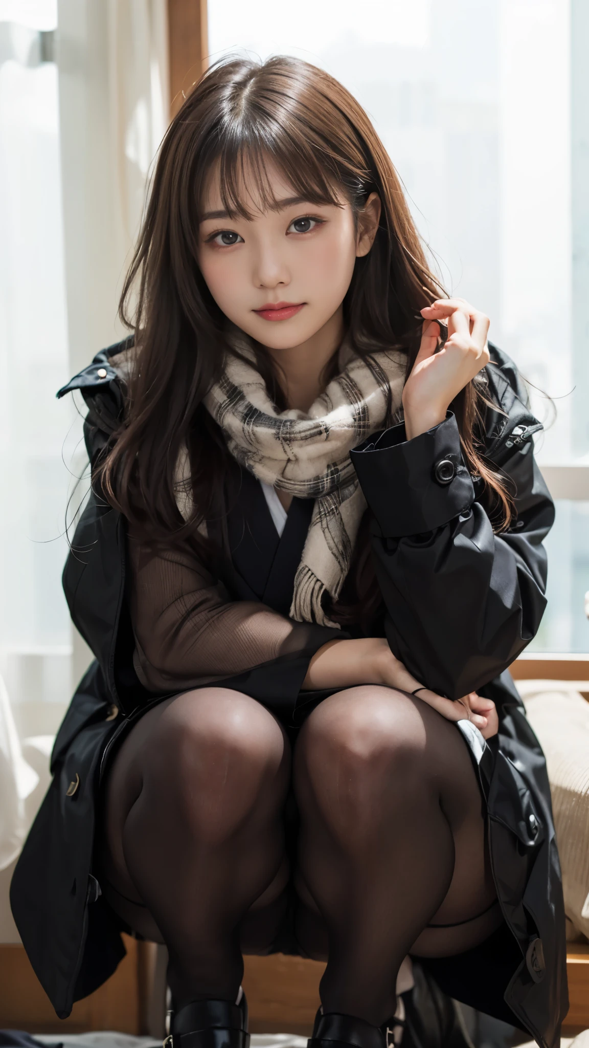 Photo taken by a professional photographer,18-year-old Japan ,Arab Asian woman wearing black coat and black tights squatting, korean girl, beautiful young korean woman, Young and cute gravure idol, beautiful south korean woman, realistic young gravure idol, korean woman, asian young girl, young gravure idol, Young sensual gravure idol, gorgeous young korean woman, beautiful asian girl, beautiful japanese girl face, japanese model