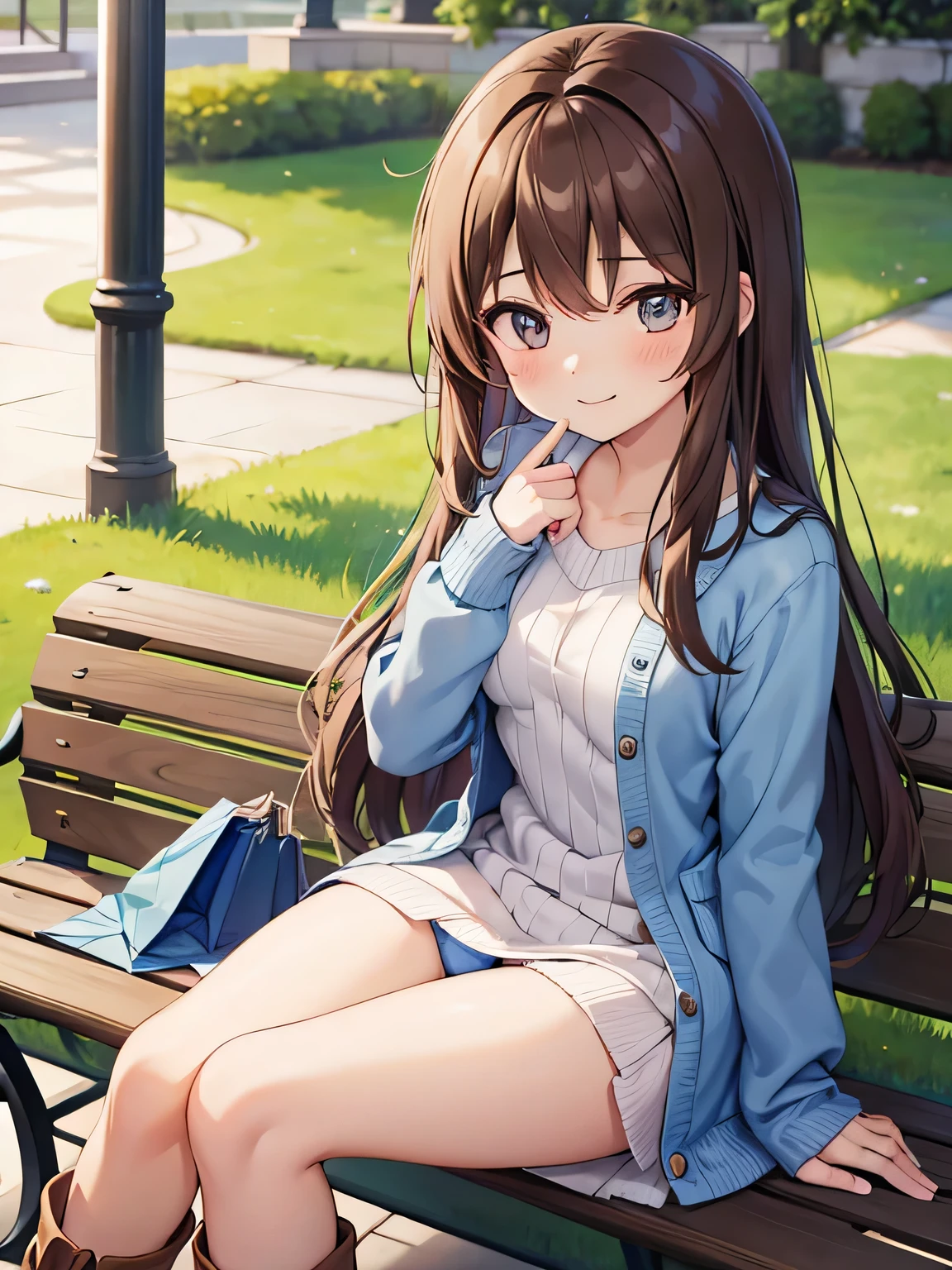 (1) A woman is sitting on a bench with her knees on the ground, Face to face with you, her skirt is short、You can almost see her light blue panties.
(2) The woman is wearing a red long-sleeved knitted mini dress and brown boots。.
(3) Women have long brown hair.
(4) The look on her face is a grinning one..
(5) The location is a bench in a shopping mall..
