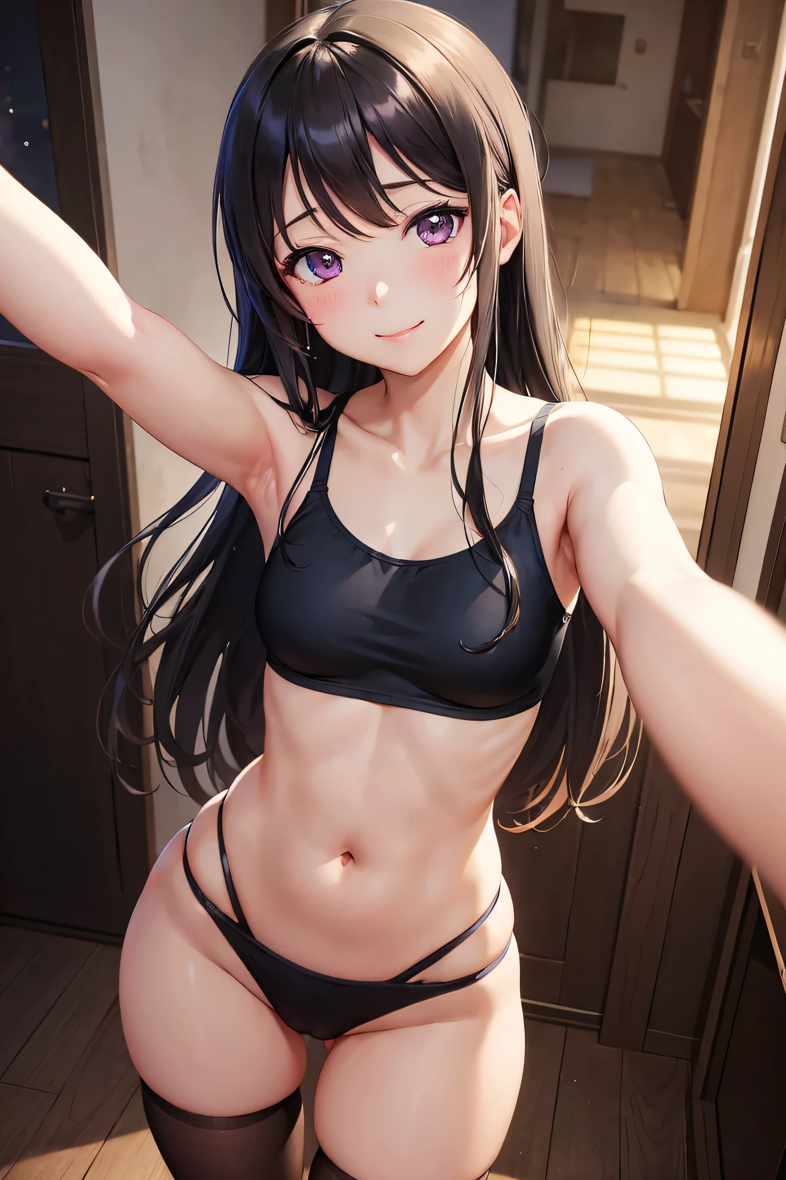 photograph , Self snap, beautiful illustrations、table top, highest quality, lovelive, From above, night, ((back alley)), cute, a bit, 1 girl , 4th grade elementary school student、small breasts, , compensate, Are standing, Talking, closed mouth, joy, smile, (black hair), long straight hair, purple eyes, ( hot pants), (Tank top) , sexy, nice thighs、Shining thighs, shiny skin, sexy, NSFW, nude,