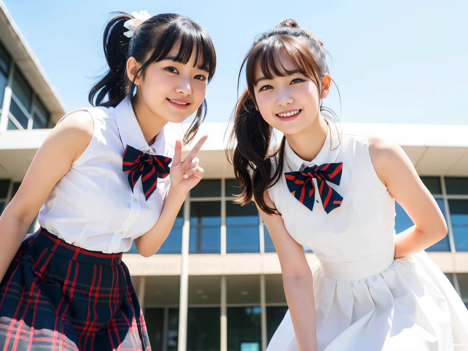 Two girls standing in the schoolyard,White ruffled dress,plaid hair bow,18-year-old,bangs,a little smile,thighs,knees,ponytail,from below