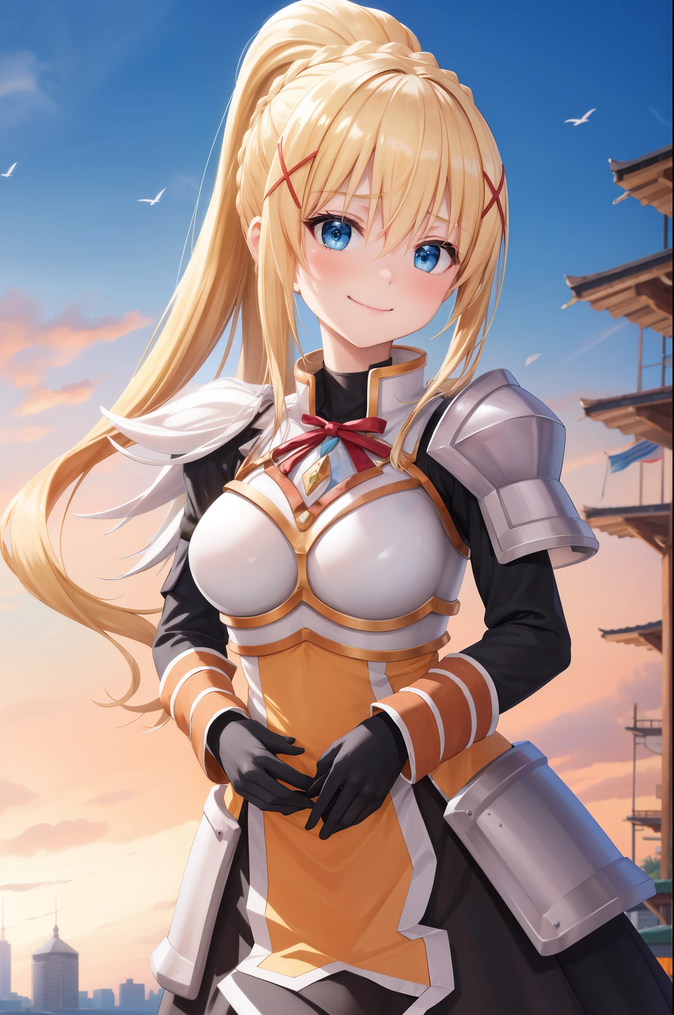 highest quality, High resolution, 1 girl, long hair, blonde hair, x hair ornaments, armor, blue eyes, ponytail, hair ornaments, gloves, shoulder armor, Braid, black gloves, pauldron, 羽根のような肩armor, white boots, darkness \(KonoSuba\), big breasts, upper body, city, outdoor, smile,