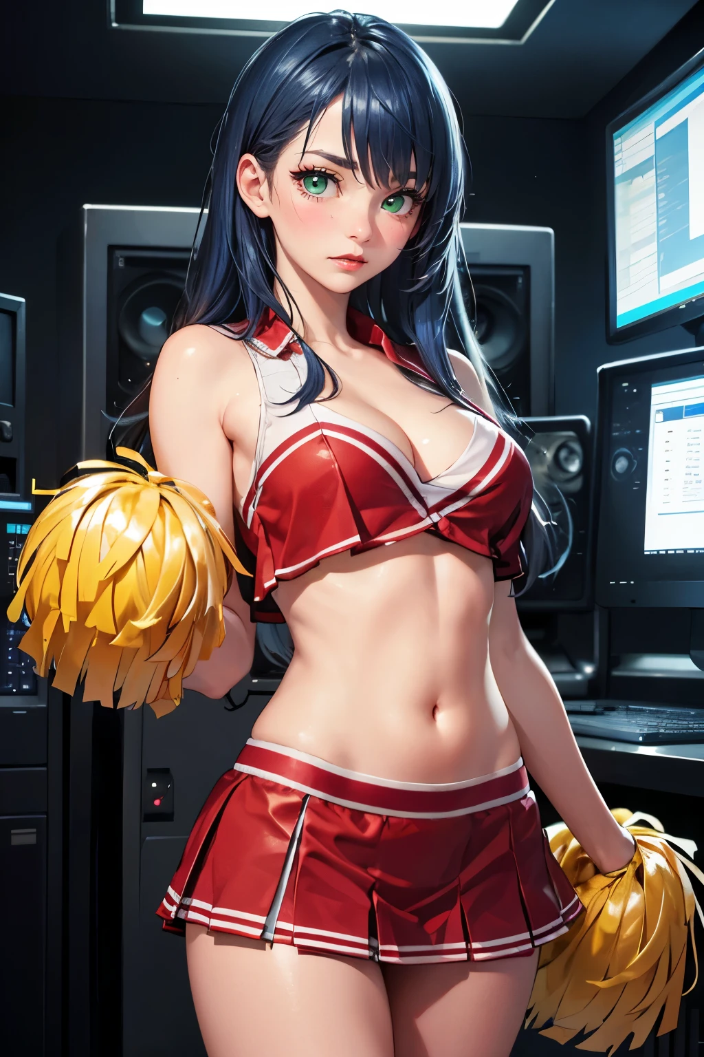 masterpiece, high quality, illustration, 8K, HDR, UHD, high resolution, sharp focus, intricate details, an extremely delicate and beautiful, perfect detailed light, beautiful girl, blue hair, long straight hair, colorful hair, green eyes, ((beautiful detailed eyes)), colorful eyelashes, perfect cute face, ashamed expression, blushing, mouth slightly open, brifgt red lipstick, looking at viewer, perfect female anatomy, curvy, sexy, slightly large breasts, inside a control room in a spaceship with monitors, computers, cables, wires at night, (((red sexy cheerleader outfit))), ((cleavage)), (((standing facing viewer))), half body, ((realistic skin texture)), glossy skin, (detailed skin), realistic, thin panties, (ultra detailed), ((extremely detailed))