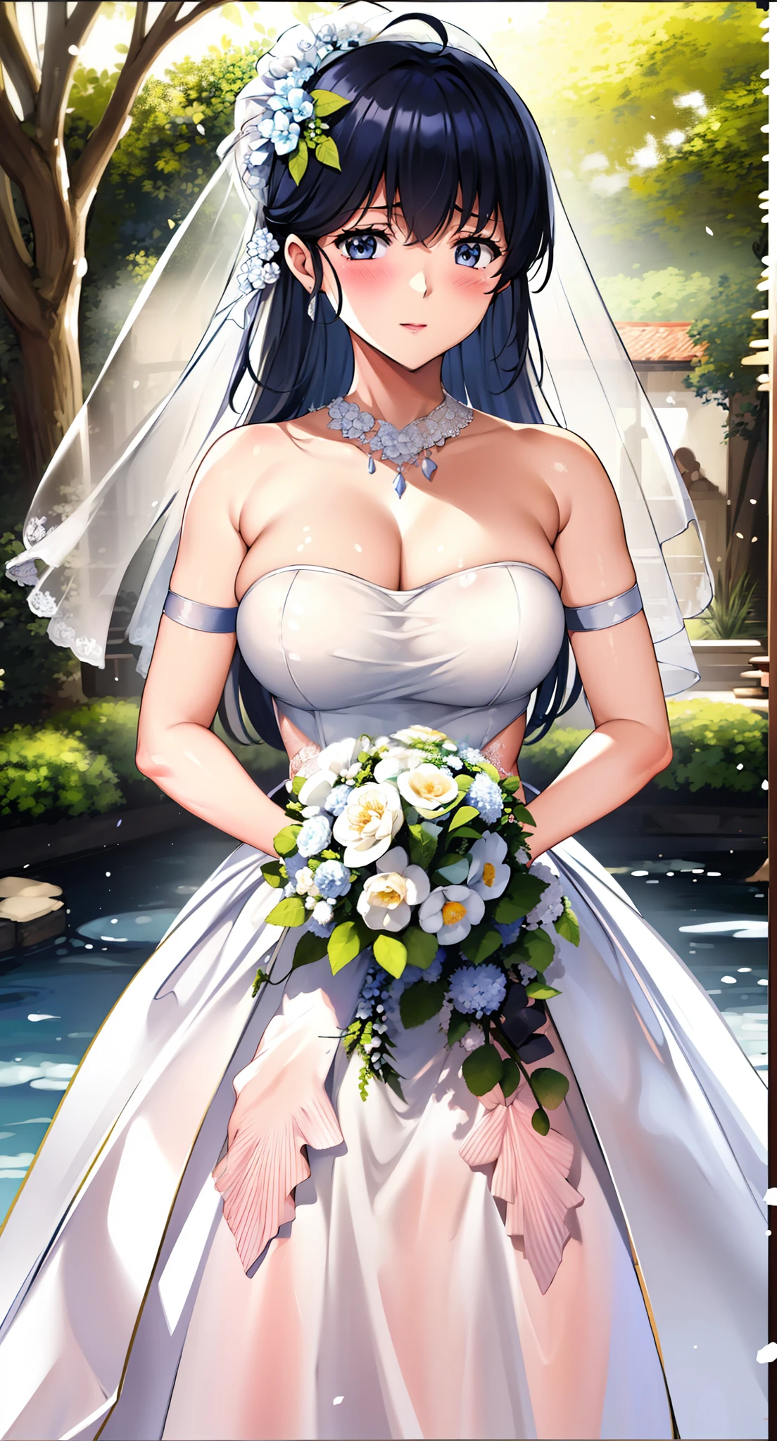 Otonashi_kyoko,
long hair,  Bangs, blue eyes, Blue hair, Smile，Shut up，blush，
 Close-up of beautiful bride wearing beautiful wedding dress,Gurwitz,(bridal veil:1.5），（Transparent short veil：1.5），Blushing face，Head flower，headgear，（tube top wedding dress：1.5），（Silk dress：1.2）,（Strapless wedding dress：1.5）,pure white dress，necklace，earrings，(large breasts:1.3)，Deep V peach heart collar wedding dress，Bangs，lipstick，（elbowgloves：1.3）,whole body照,High detail RAW color art,Long white dress，whole body，Place your hands behind your back，