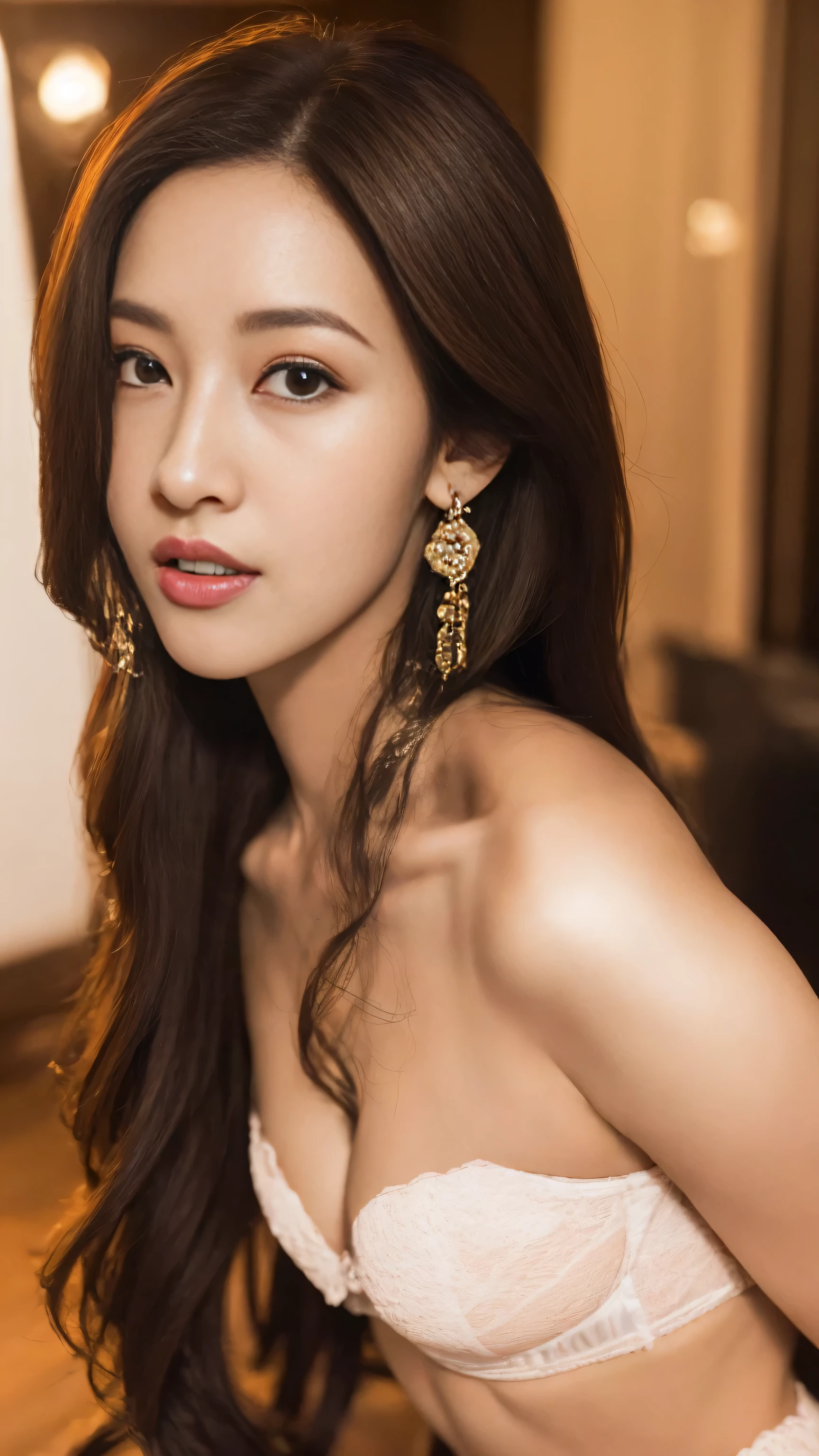 nice images,clear focus,perfect brown eyes,bright red lips,long hair,Home,Look head-on,full pose,wonderful faces..,It looks beautiful。,(((White hollow sexy underwear))),extra focus,Radiant face,facial details,8K resolution,