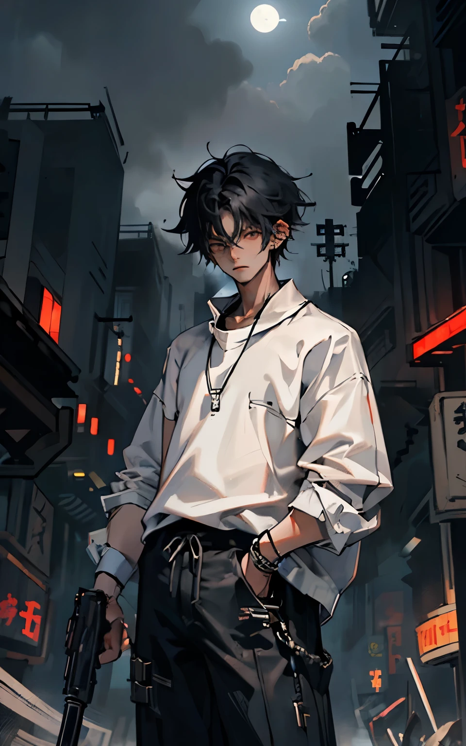 1boy,(a 13 yo boy:1.5)、Anime-style protagonist、Cyberpunk Boy、Black attire、silber hair、machine gun、chains、Whole body bloody、The beginning of the adventure、Lots of clouds,heavy fog、lightning、Moon,Chaotic city of the future、dystopian、Dim lighting、Chaotic、Beautiful and fantastic scenery、Cinematic scenery、hightquality、masutepiece,in 8K、hight resolution、