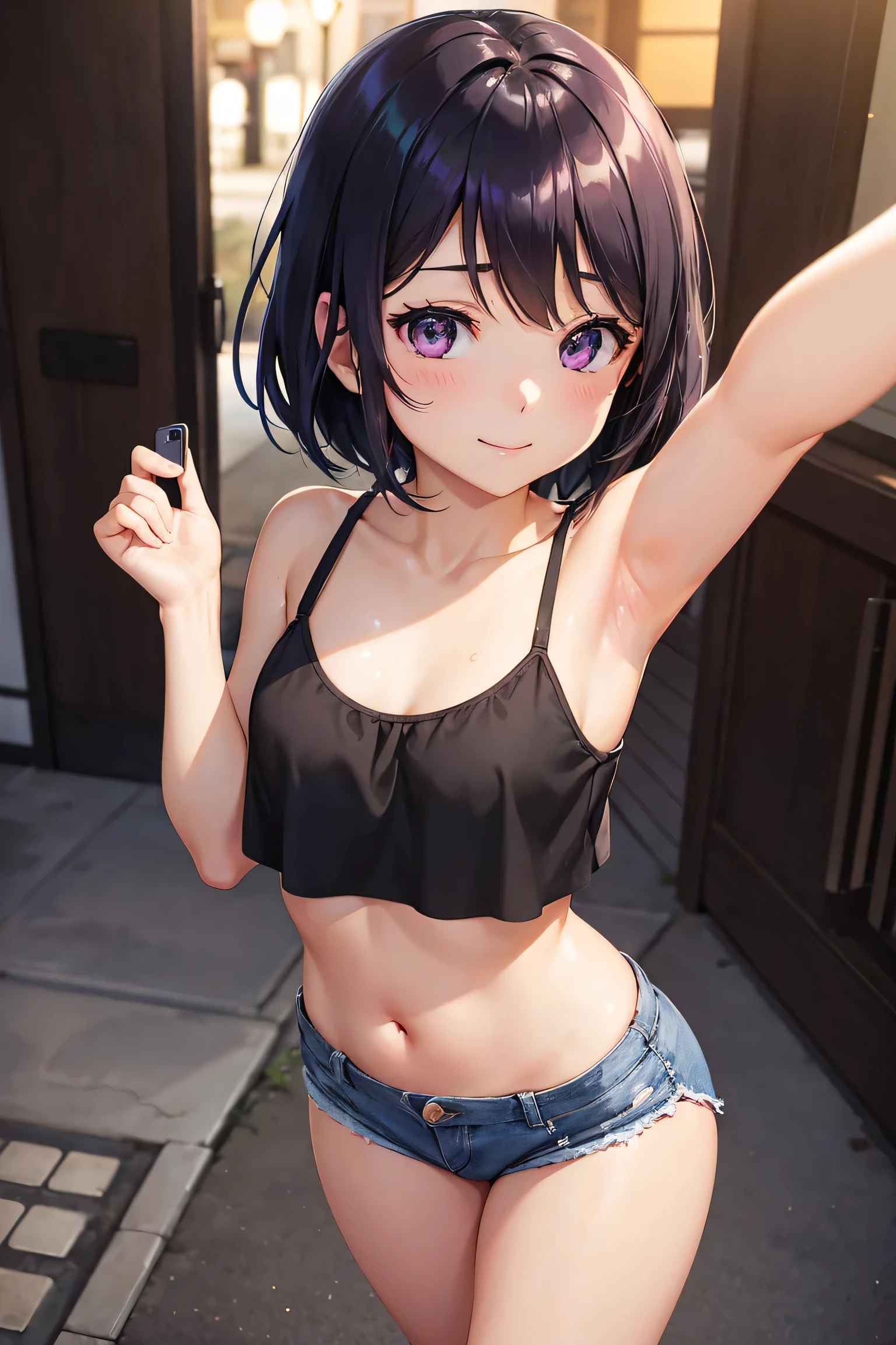 photograph , Self snap, beautiful illustrations、table top, highest quality, lovelive, From above, night, ((back alley)), cute, a bit, 1 girl , 、small breasts, , compensate, Are standing, Talking, closed mouth, joy, smile, (black hair), short hair, purple eyes, ( hot pants), (Tank top) , sexy, nice thighs、Shining thighs, shiny skin, sexy, NSFW, nude,