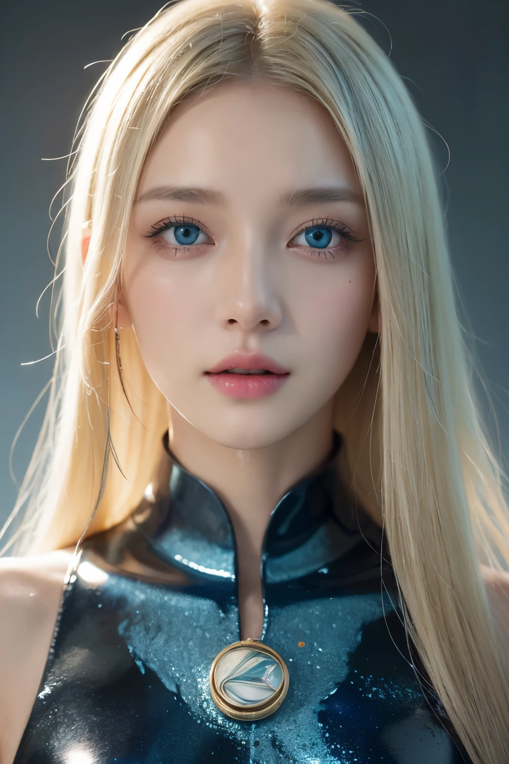 Beautiful blonde supermodel woman, A lock of hair with slight highlights, blue gray eyes, mixed media, wet paint, Jewel beetle, Colorful background, Liquid color flows across her face, Photographed by Zhang Jingna. - At 6 o'clock