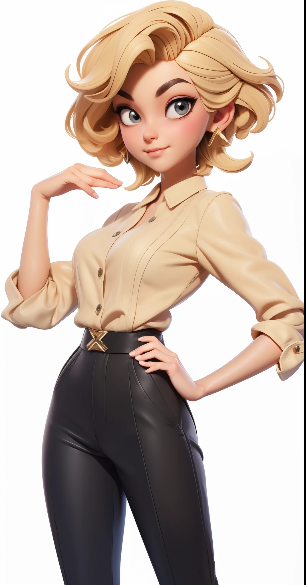 3d character model,blonde,short hair,curls,beige blouse,black pants,Pearl stud earrings ,16k,Exquisite detail drawing,Ultra-clear details,A masterpiece