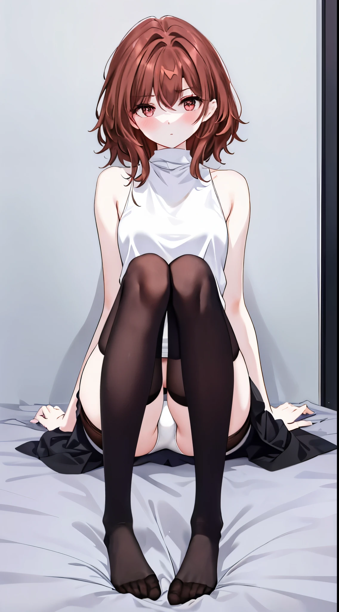 finest, masterpiece, High resolution, (Full body view from head to toe), front, frontやや下からの構図, Symmetrical, 18 year old tall girl, alone, (whole body from head to toe), small breasts, brown hair, messy hair, bangs, (black tights), (black pantyhose), (sitting with legs spread apart), (squating pose), (composition showing white panties), (Her legs are spread open and her white panties are visible.), made to sit with legs spread, (M-shaped legs), Slender legs, A very beautiful and tall 18 year old girl, (not wearing shoes), blush, shy big eyes, looking at camera