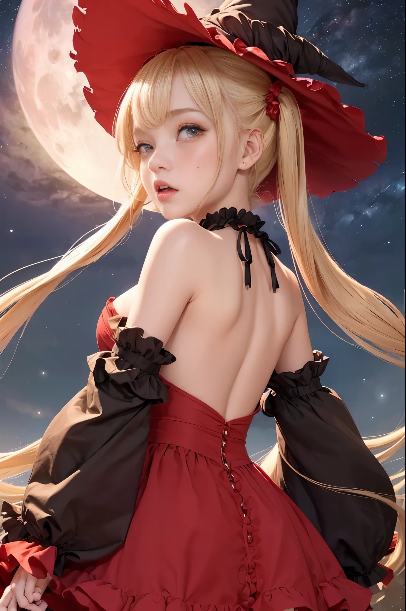 (((NSFW))),((( girl with blonde twin tails))),((Red Off Shoulder Ruffled Dress)),1 girl,(masutepiece), (Best Quality), (Best Detail),, (((Big witch's hat))), Very detailed face, , Night , shading ,(((kosmos))),(((all-fours))),(((Angle from behind))),,,(((milkyway,fullmoon))),(((The upper part of the body))),((Covered in tears)),(((open open mouth))),(((red blush))),