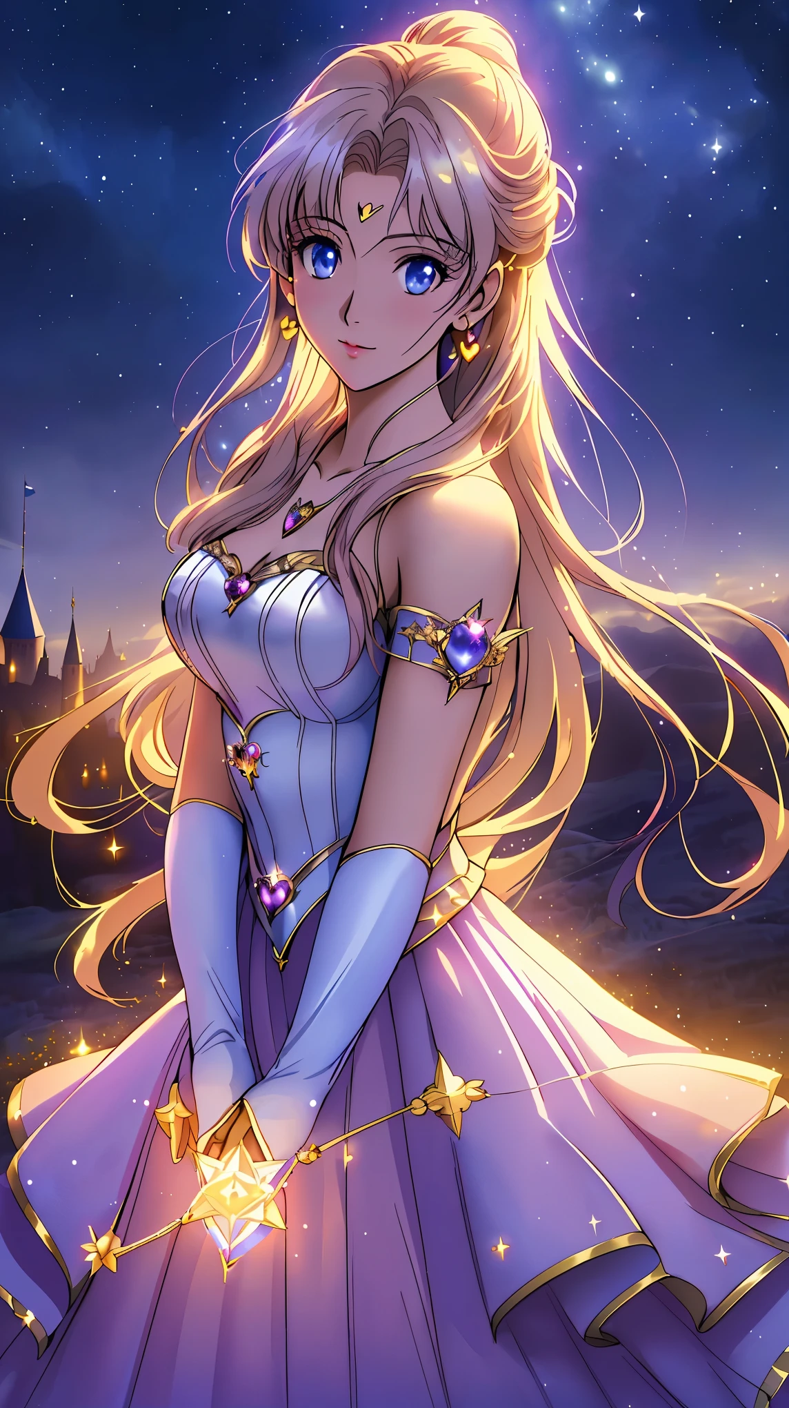 Fantastical starry sky, magical girl waving her magic wand, illuminating the world, warming hearts, starry castle, sense of mystery, fairy tale story, (best quality, 4k, 8k, highres, masterpiece:1.2), ultra-detailed, (realistic, photorealistic, photo-realistic:1.37), enchanting night, (heartwarming glow:1.1), (magical aura:1.1), (whimsical charm:1.1), (celestial beauty:1.1), (wonder and magic:1.1), (fairy tale come to life:1.1), (mystical castle:1.1), (whispers of magic:1.1), (luminous grace:1.1), (dreamlike allure:1.1), (spellbinding adventure:1.1), (twinkling stars:1.1), (ethereal presence:1.1), (inspiring hope:1.1), (guardian of light:1.1), (fantasy realm:1.1), (enchantress of the night:1.1), (mythical enchantment:1.1), (heart of magic:1.1), (fabled narrative:1.1)