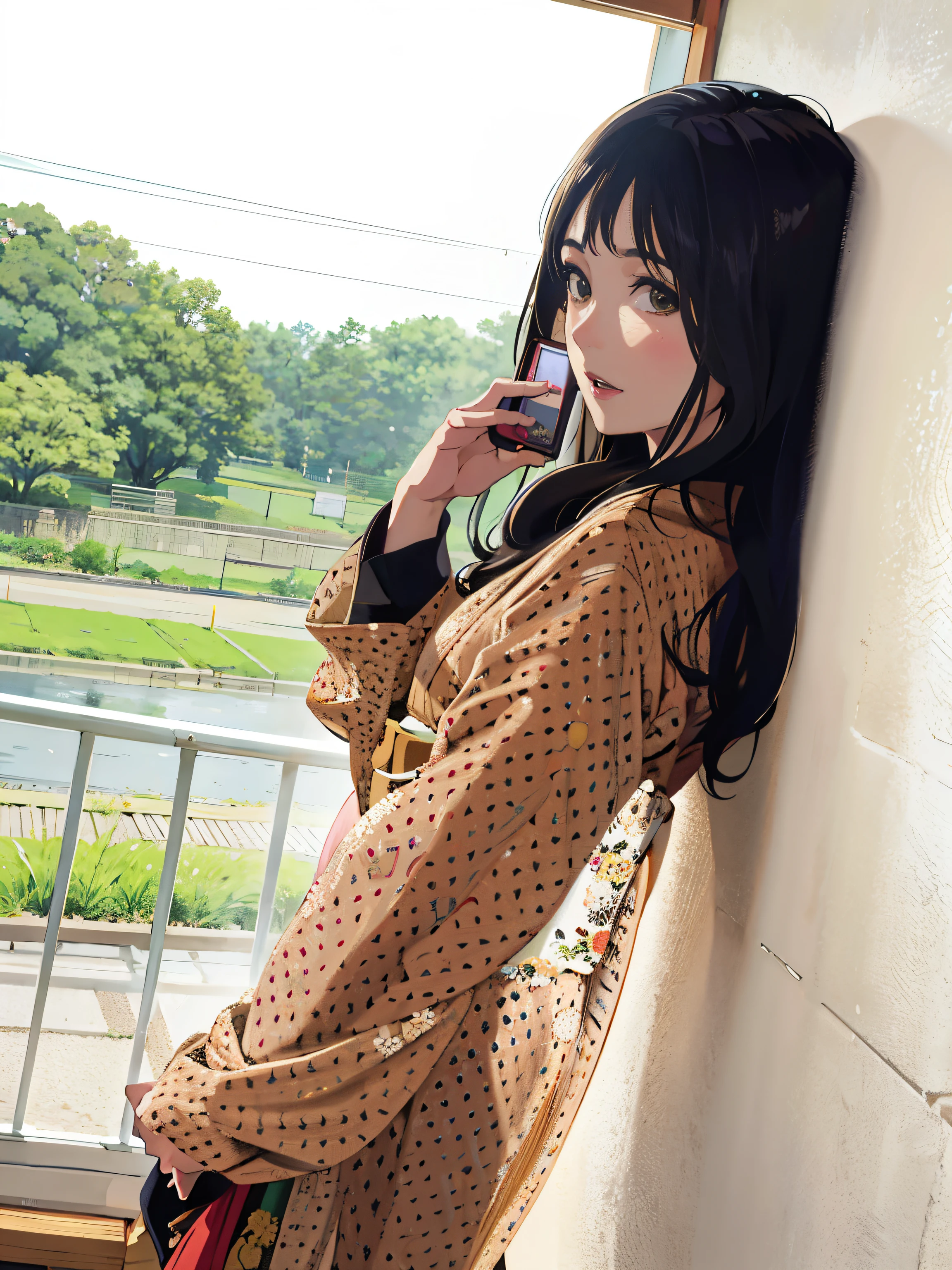 An early 50s woman leaning against a wall with a mobile phone to her ear, Chiho, Yoshitomo Nara, harumi, in kimono, Ayami, sideways pose, bottom corner, Ayaka, Young and cute gravure idol, From the side, cliff of immortality, young gravure idol, realistic young gravure idol